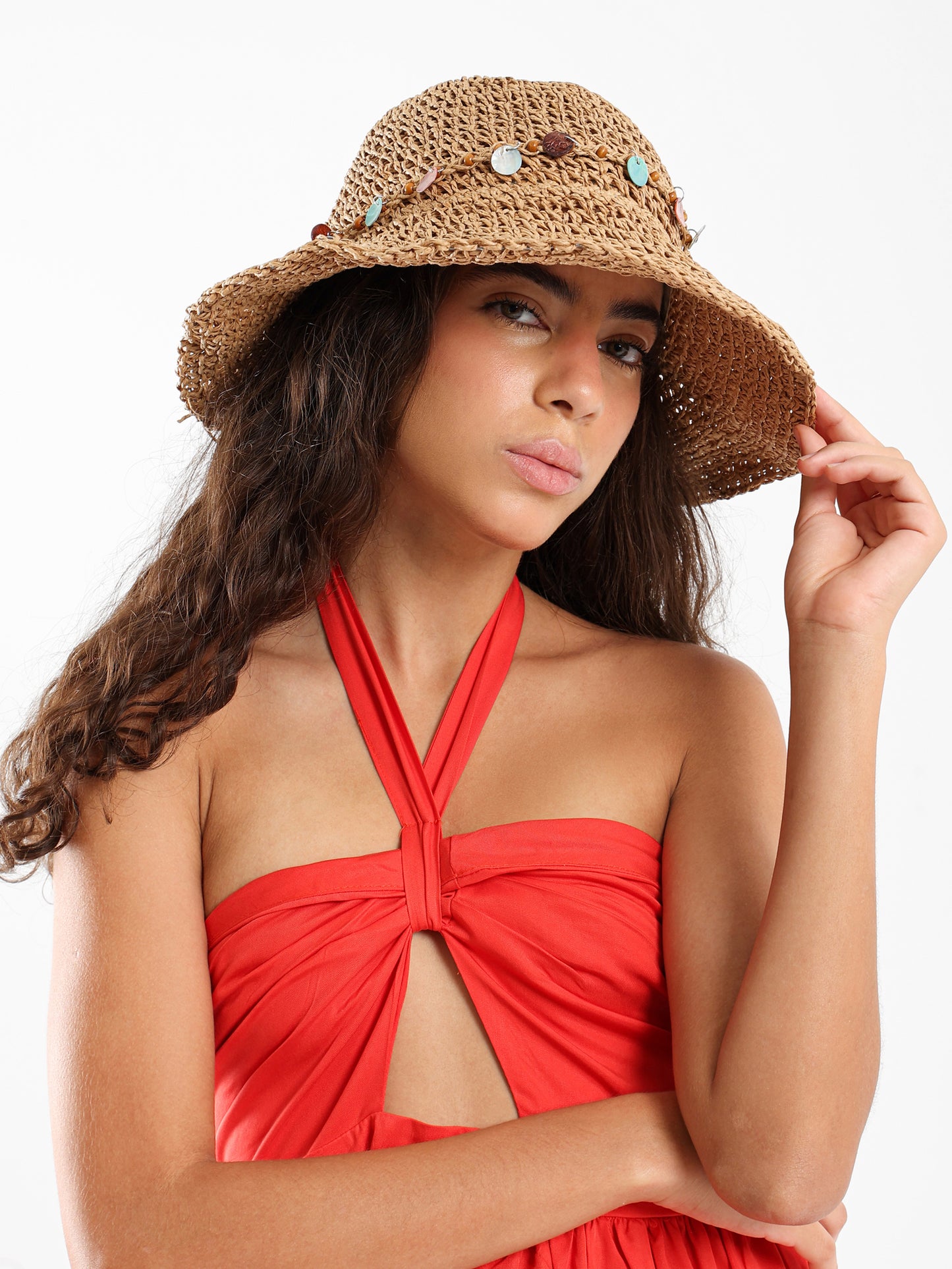 Shell-Embellished Woven Straw Sun Hat