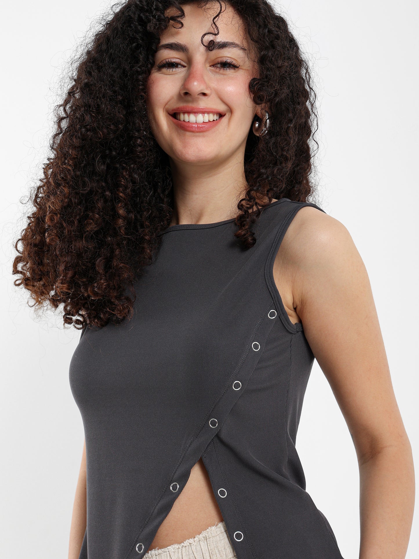 Asymmetric Sleeveless Top with Side Snap Hem