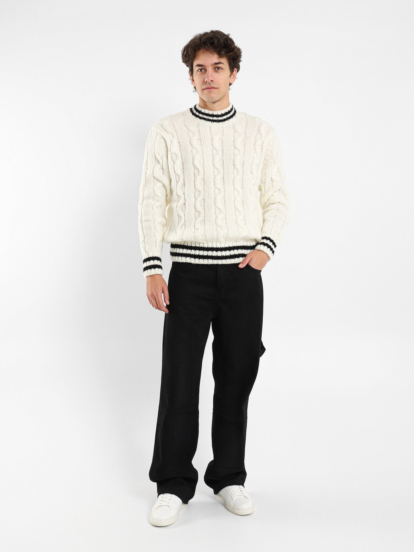 Cable Knit Pullover With Striped Hems