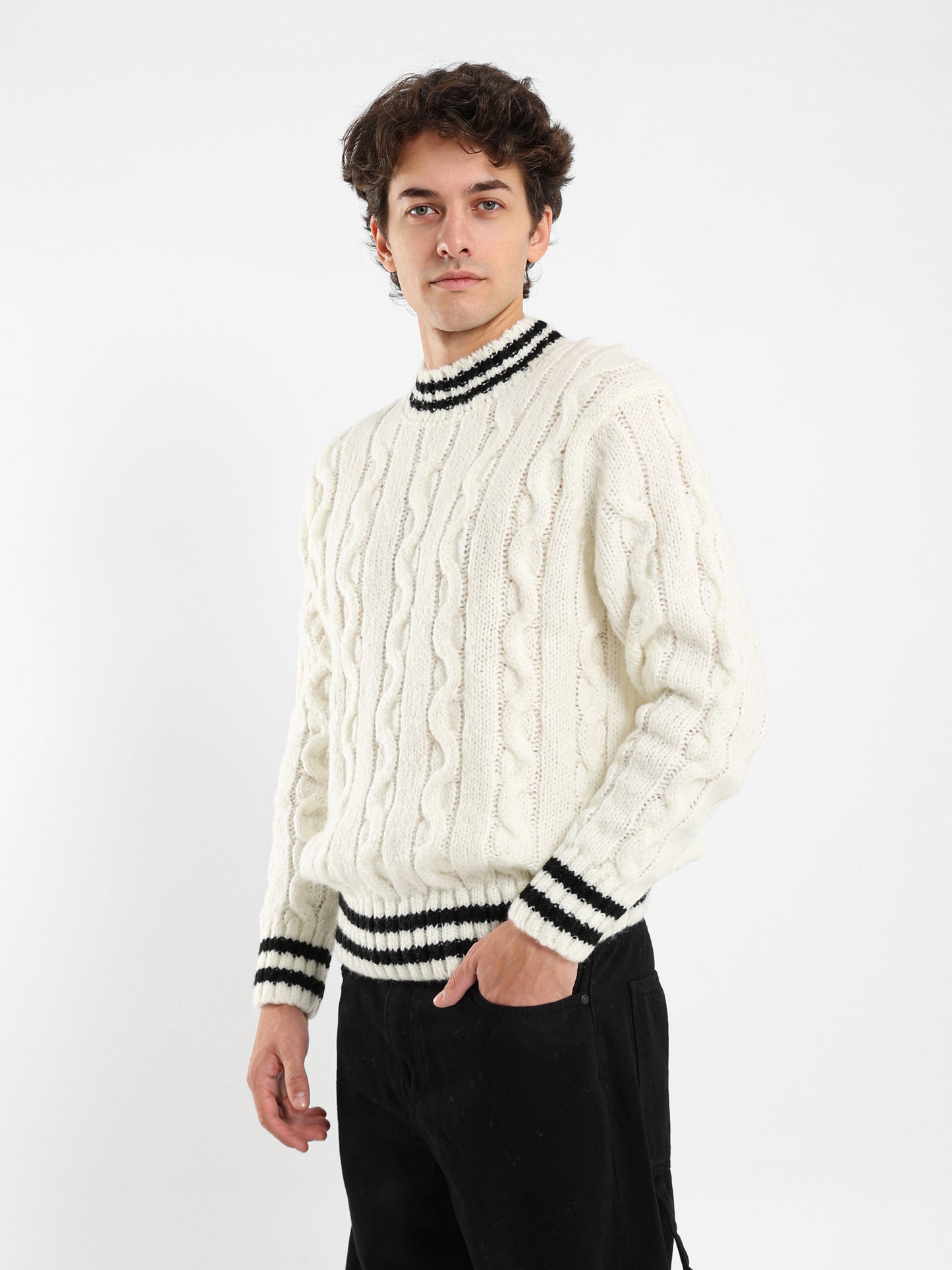Cable Knit Pullover With Striped Hems