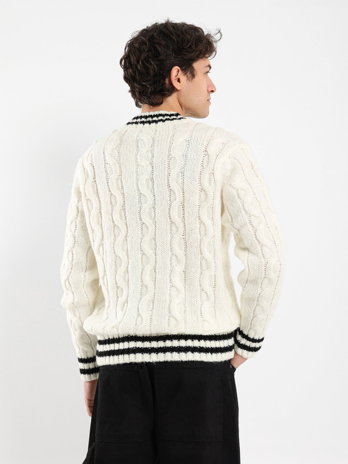 Cable Knit Pullover With Striped Hems