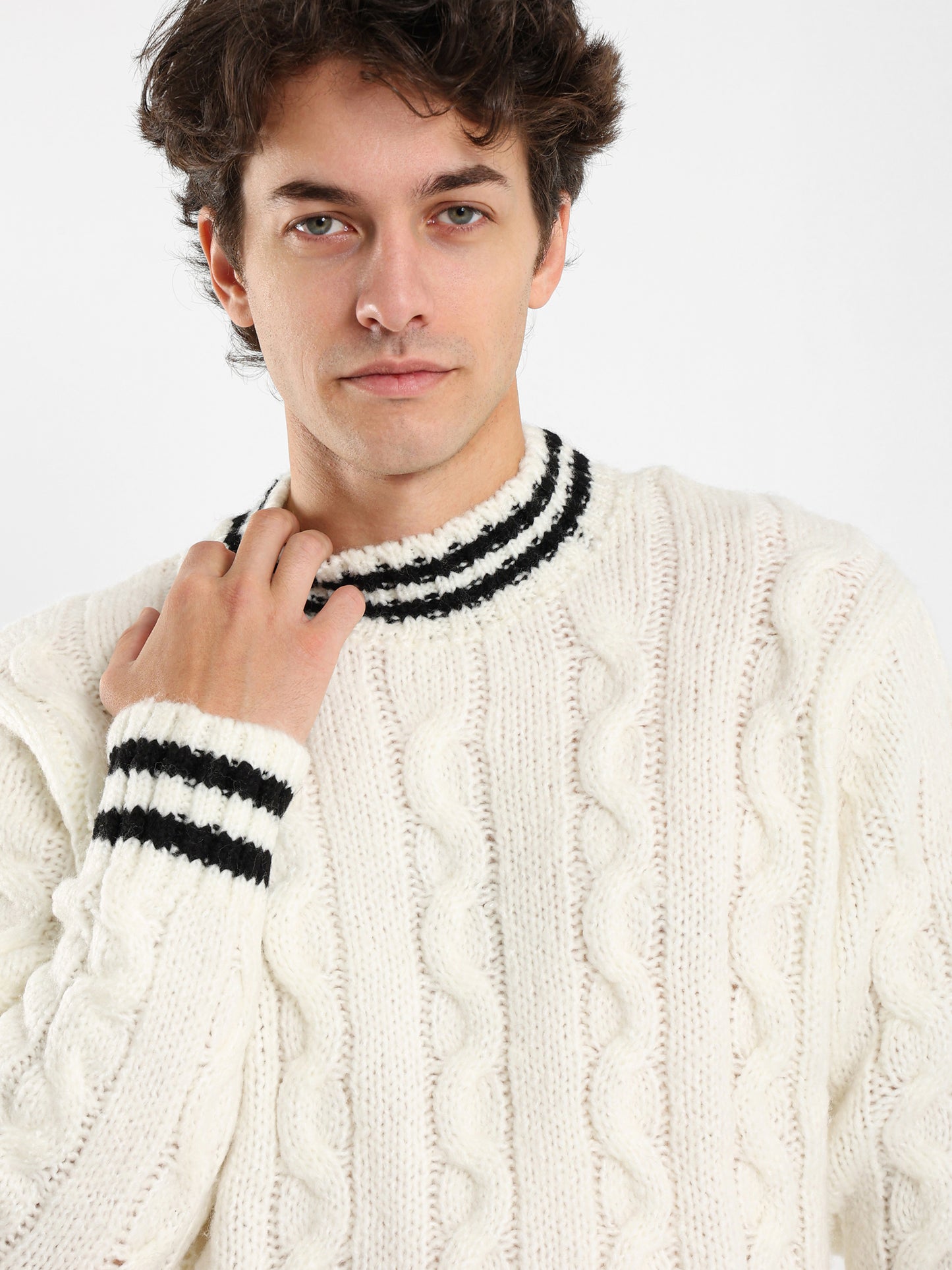 Cable Knit Pullover With Striped Hems