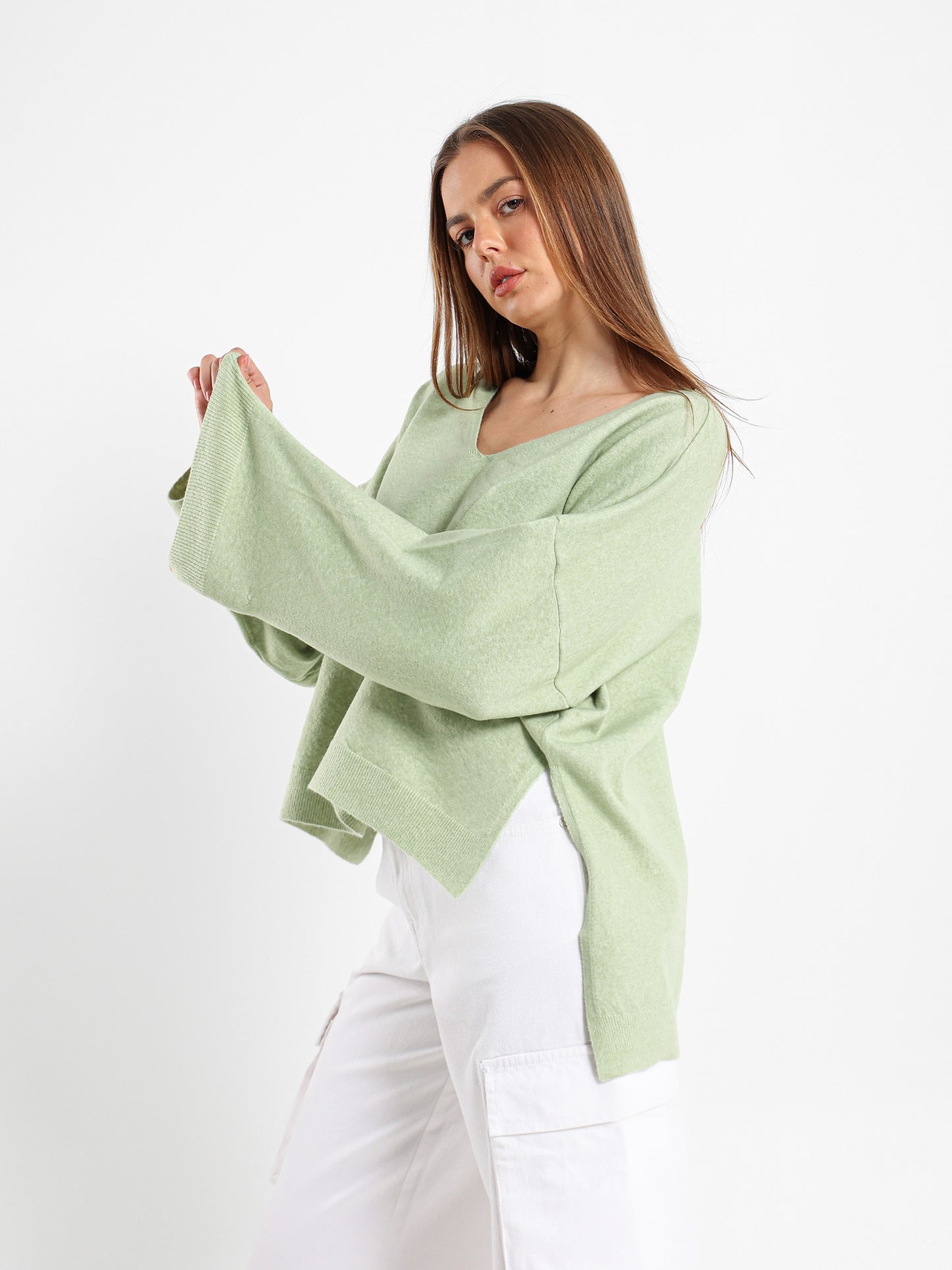 Oversized V Neck Pullover With Slits