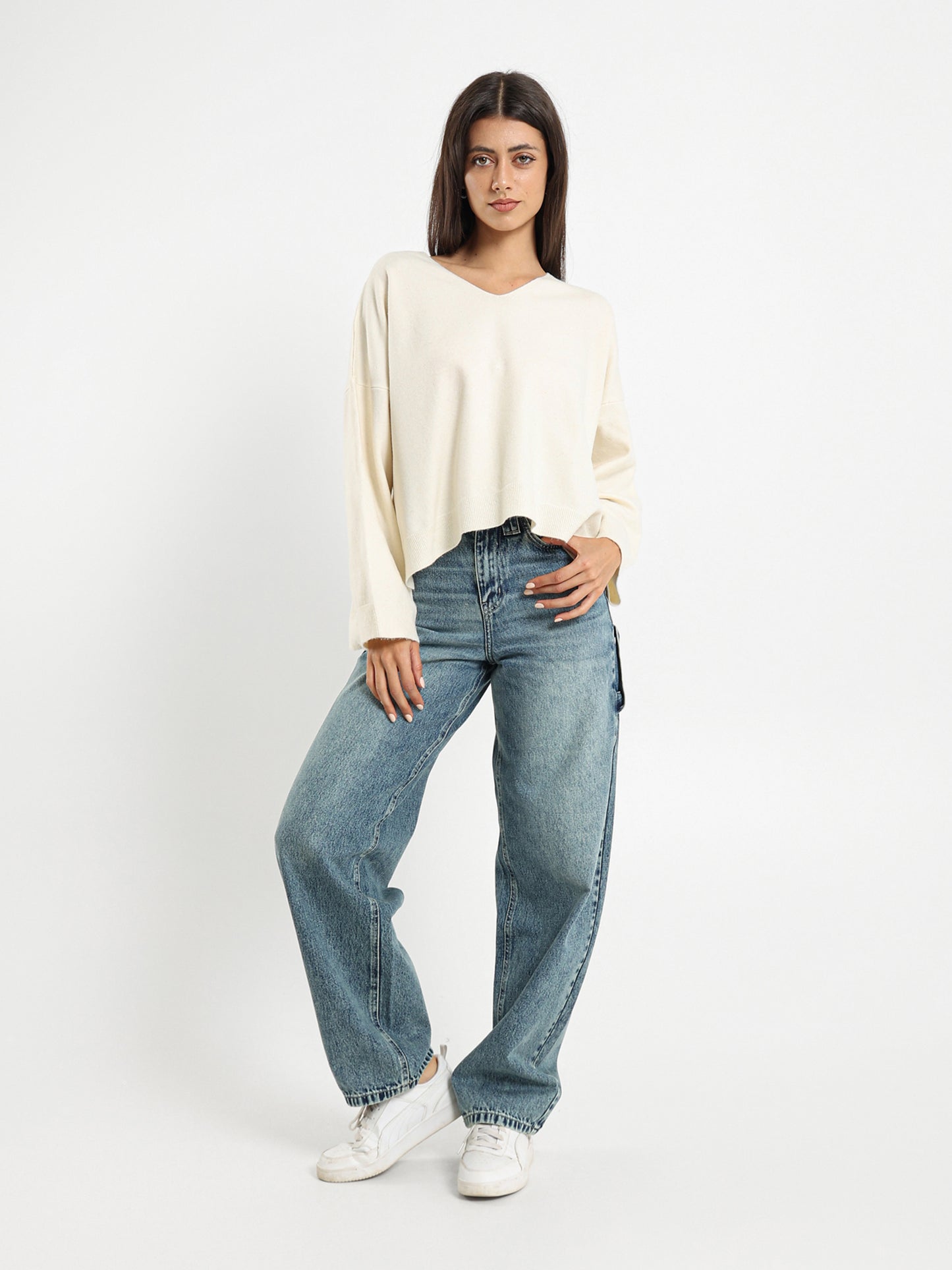 Oversized V Neck Pullover With Slits
