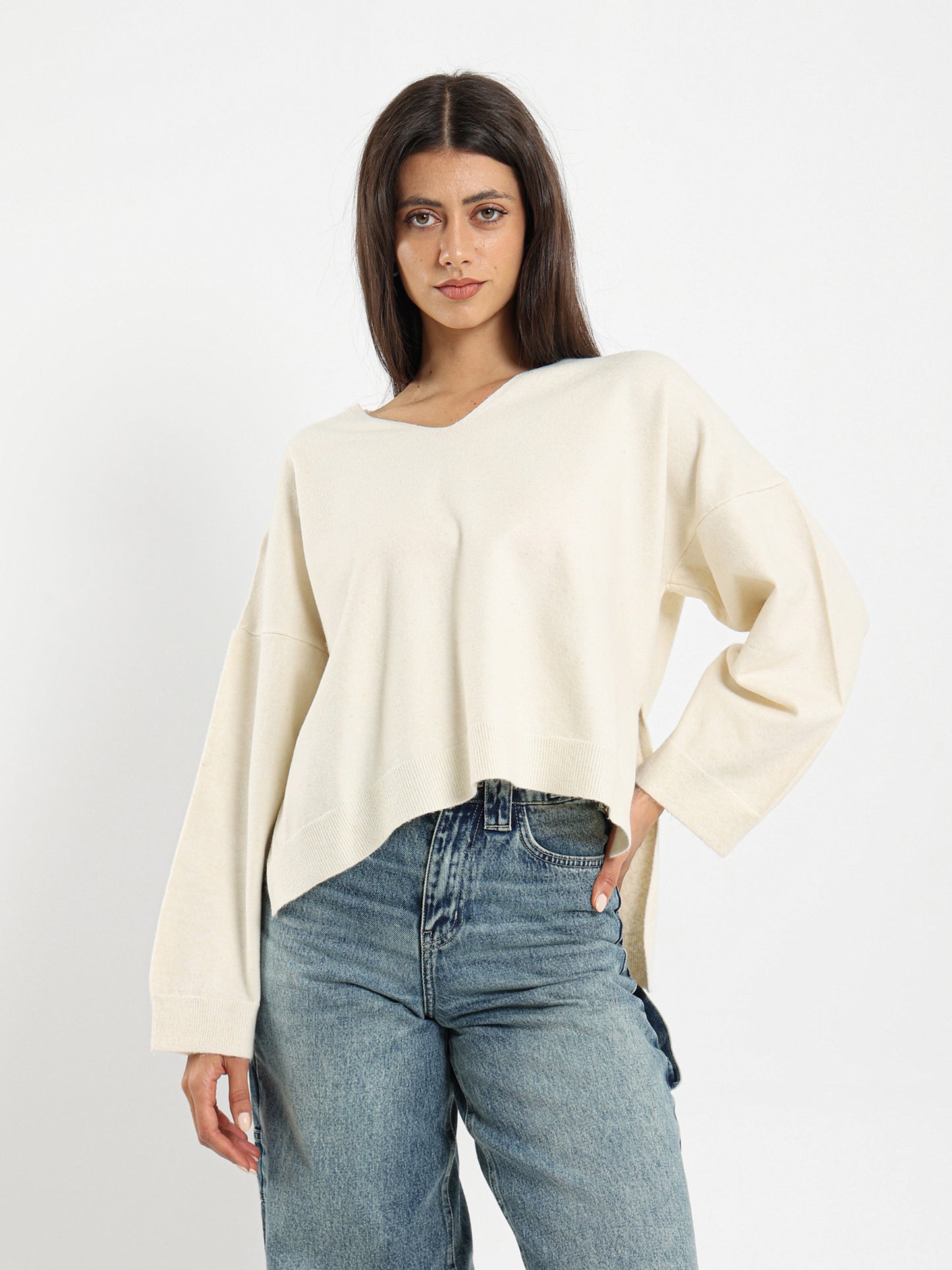 Oversized V Neck Pullover With Slits