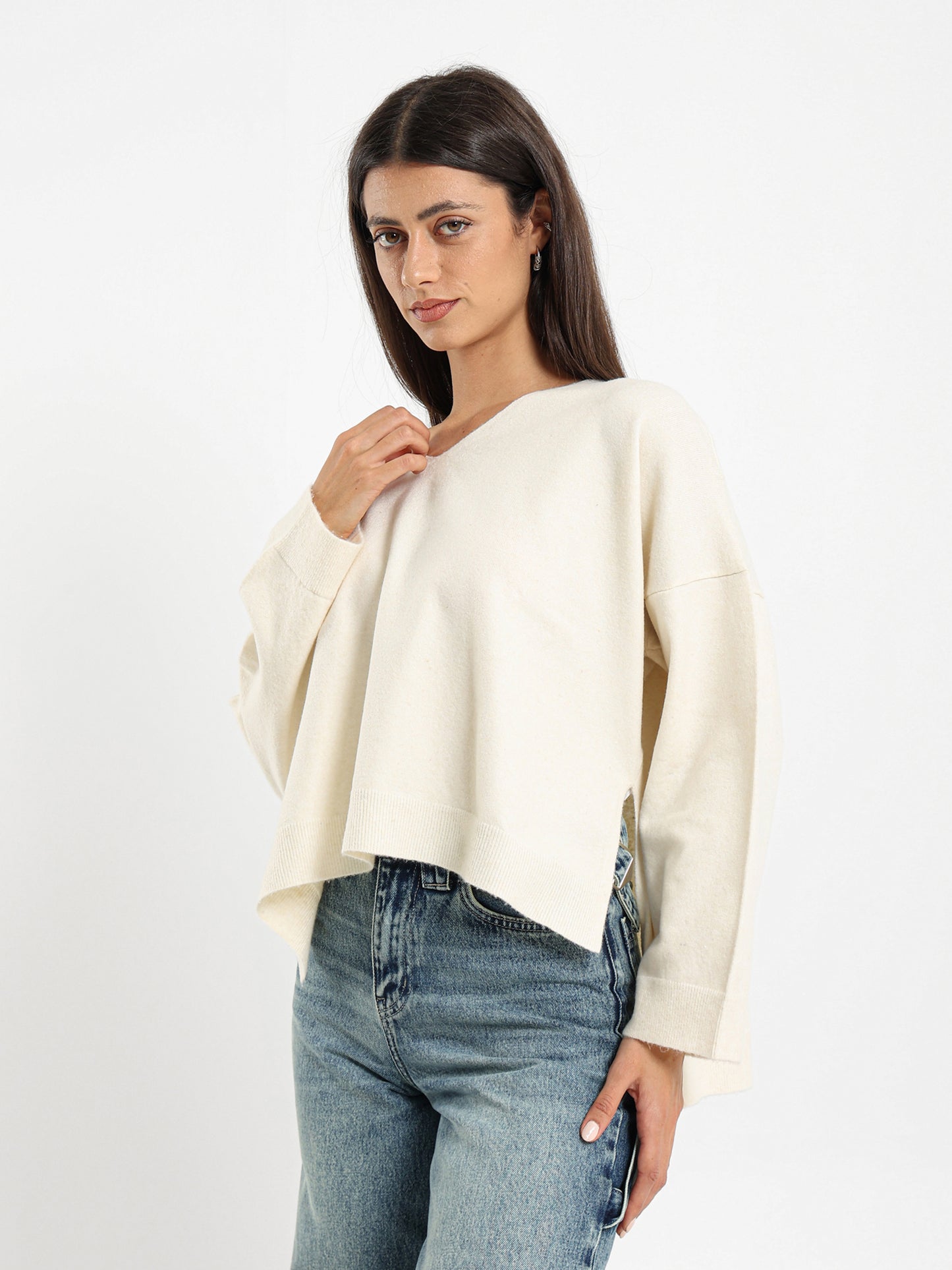 Oversized V Neck Pullover With Slits