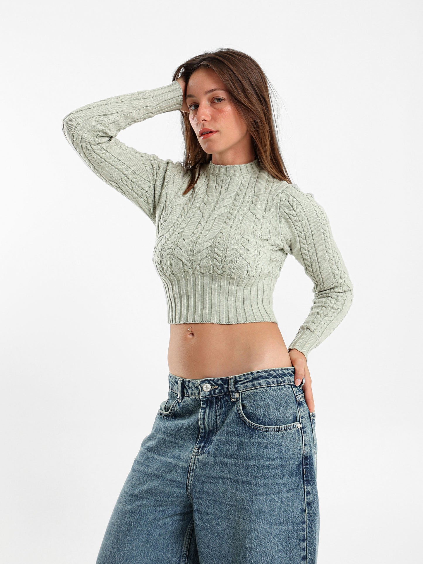 Cropped Fitted Cable Pullover
