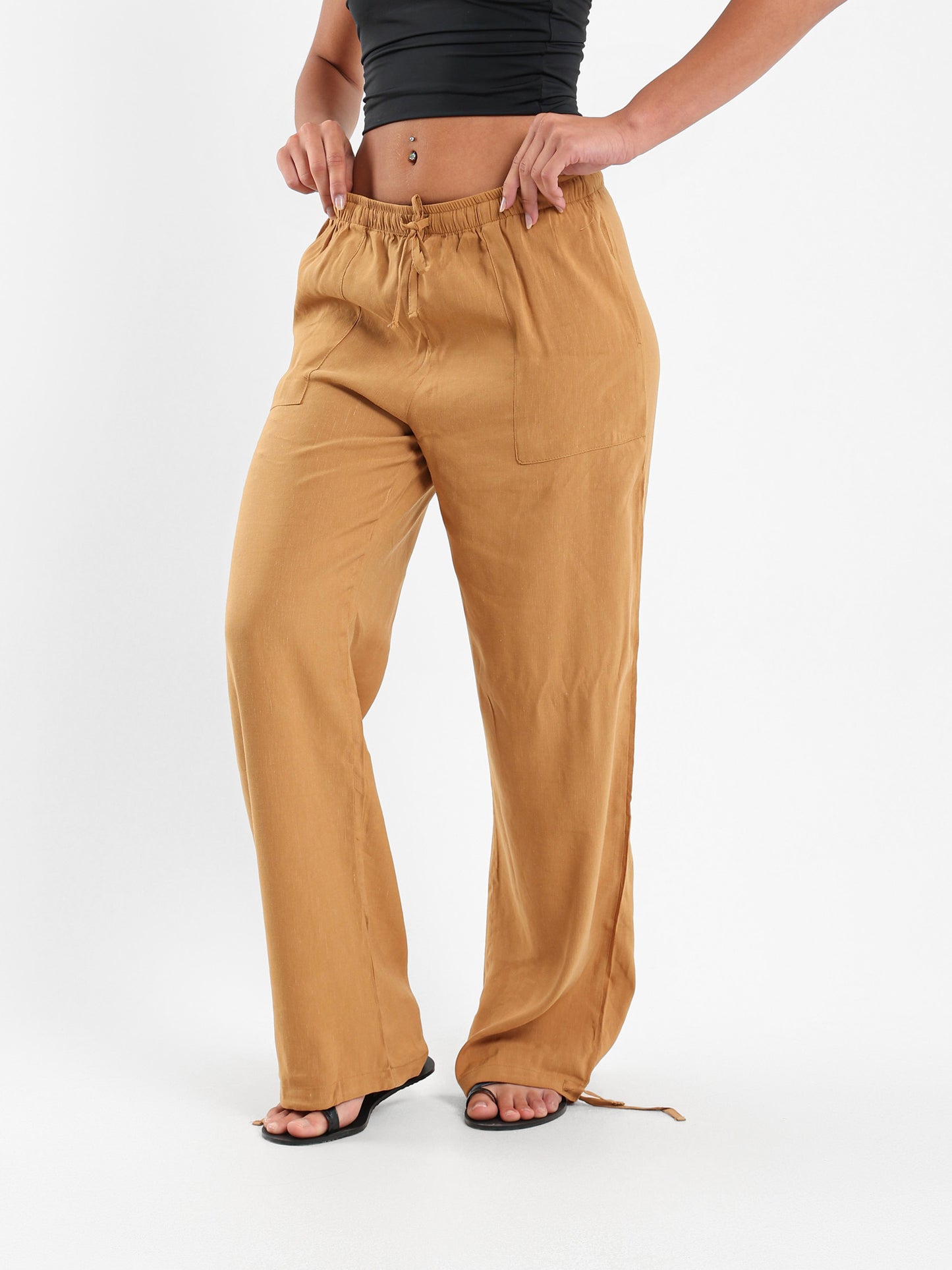 Linen-Blend Pants with Side Pockets