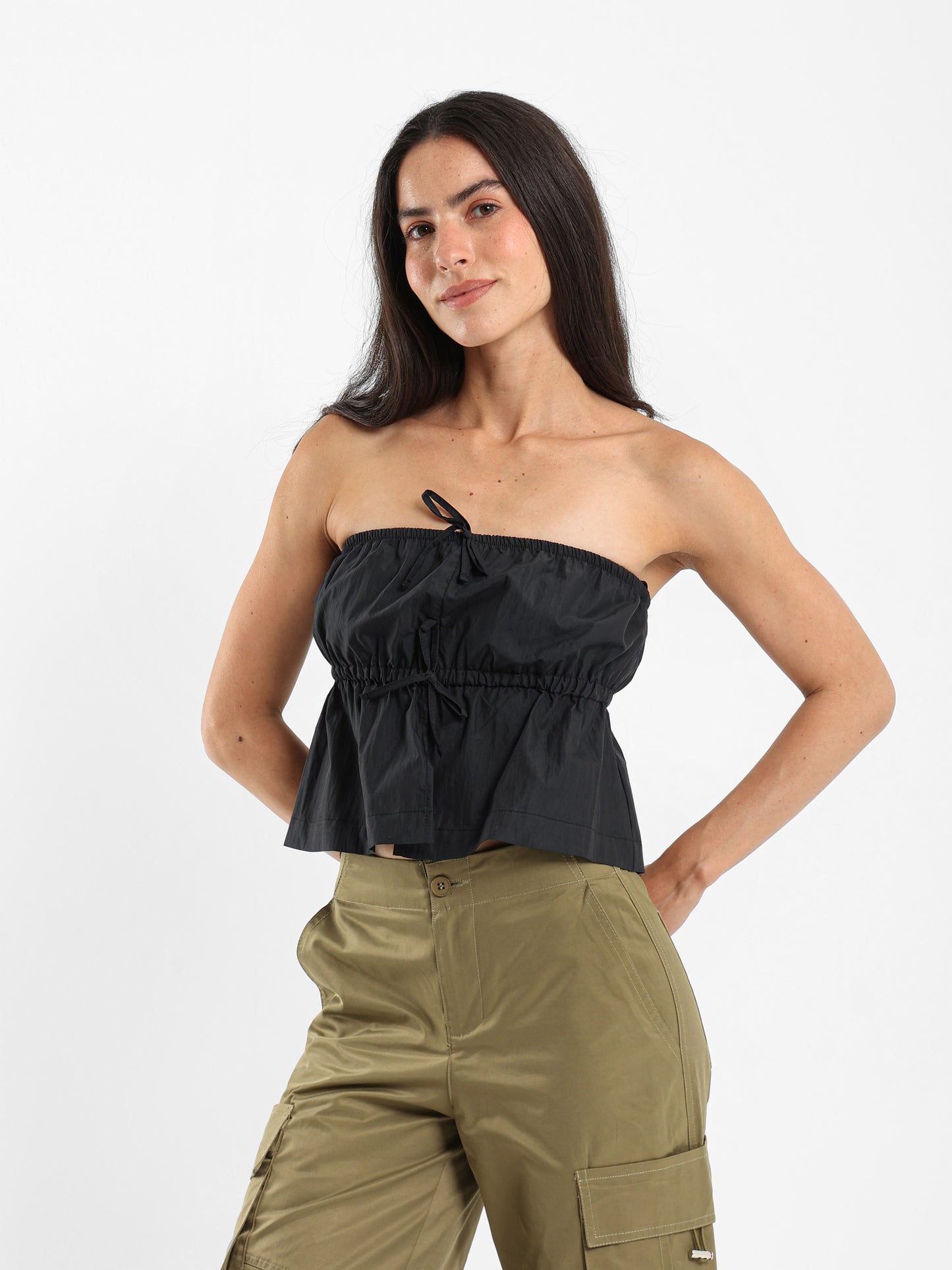 Peplum Strapless Tie-Front Top