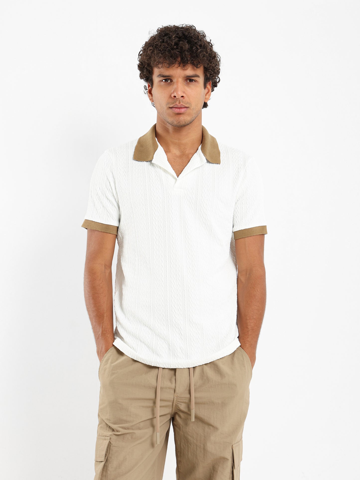 Cable Knit Polo With Contrast Hem And Collar
