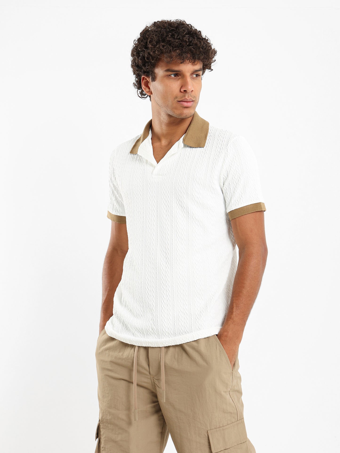 Cable Knit Polo With Contrast Hem And Collar