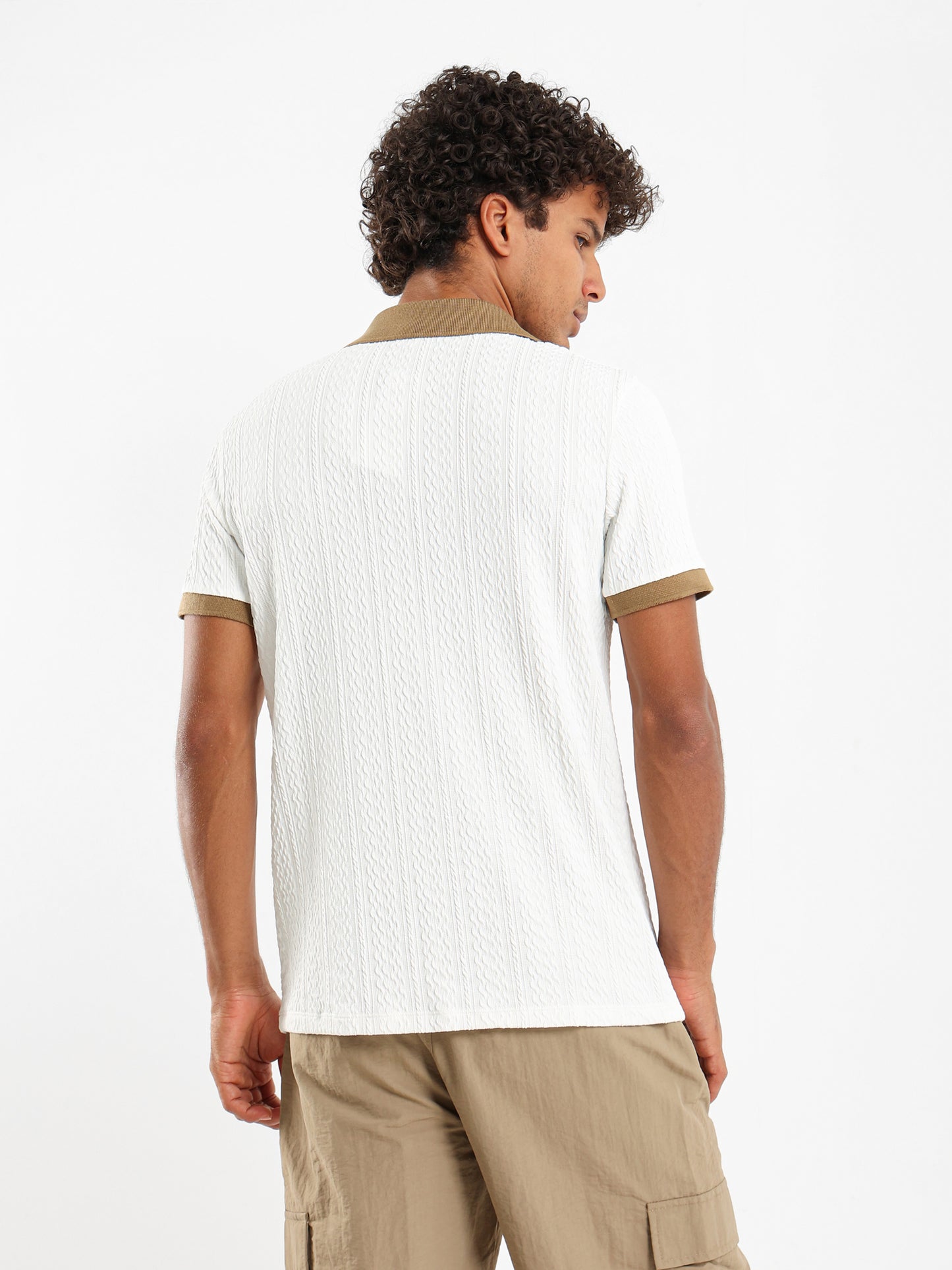 Cable Knit Polo With Contrast Hem And Collar