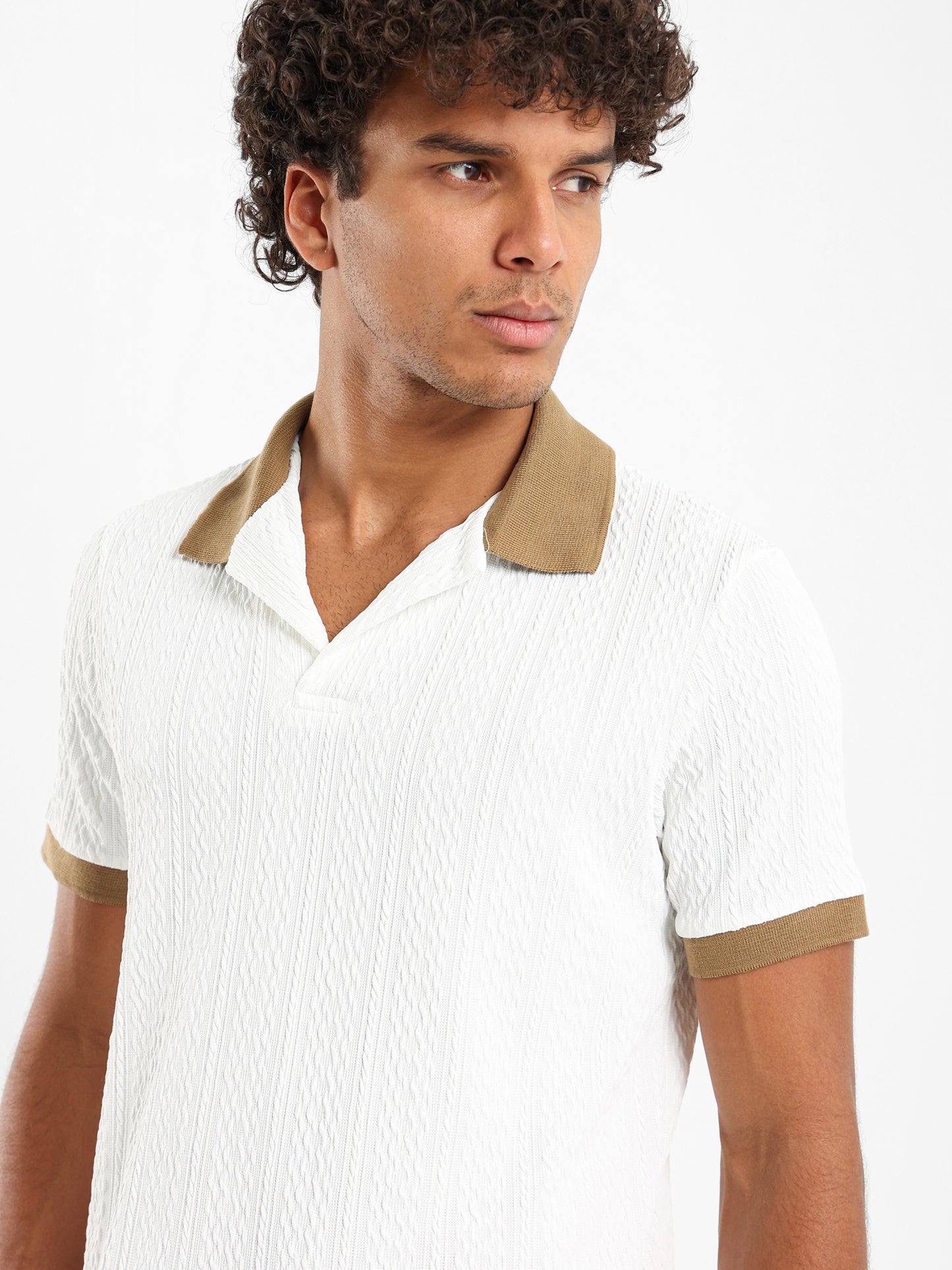 Cable Knit Polo With Contrast Hem And Collar