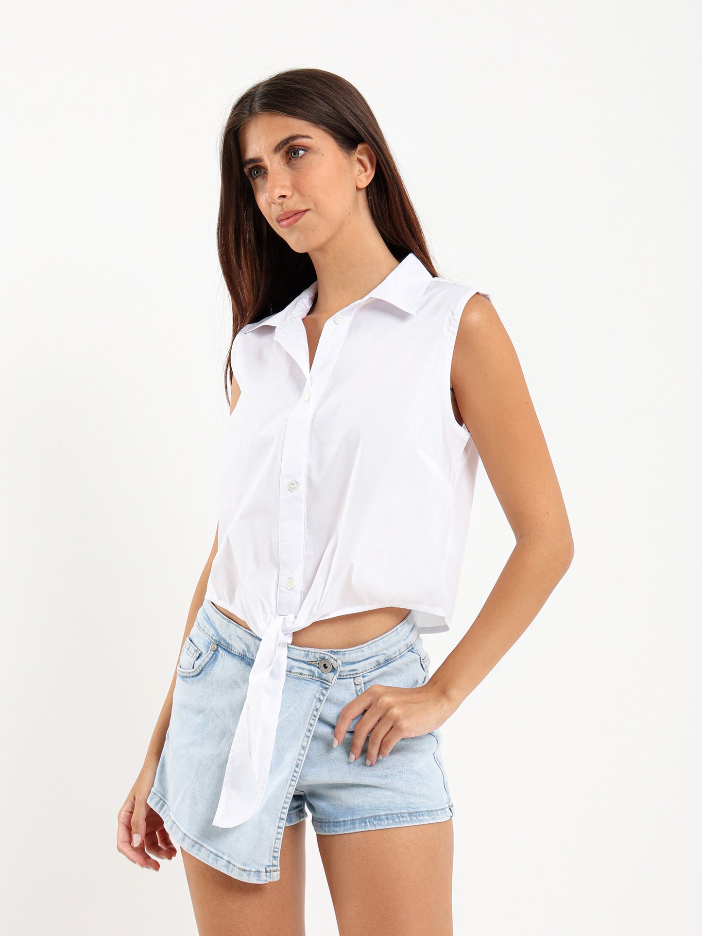 Sleeveless Front-Knot Shirt