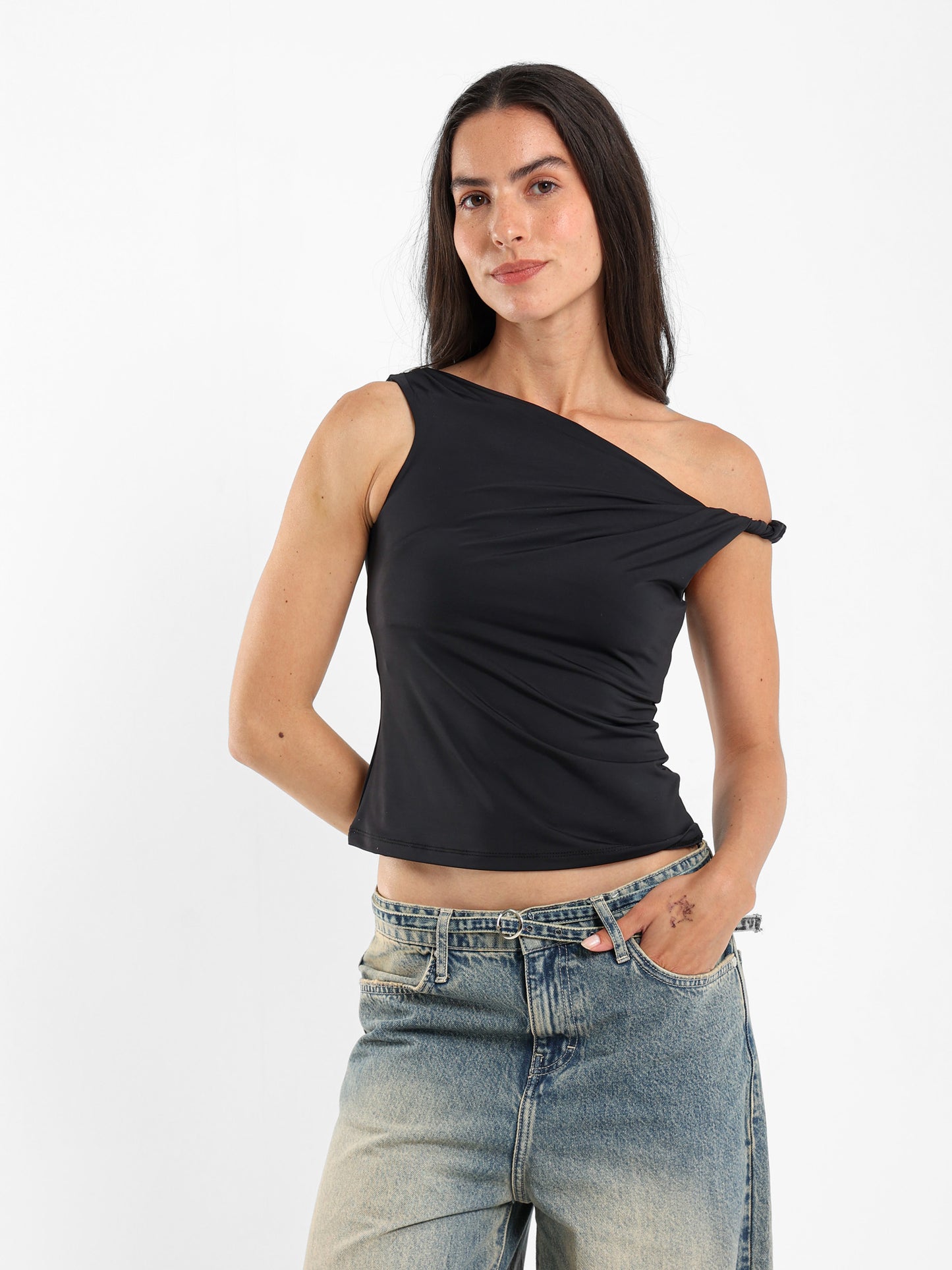 Asymmetric One-Shoulder Tie Detail Top