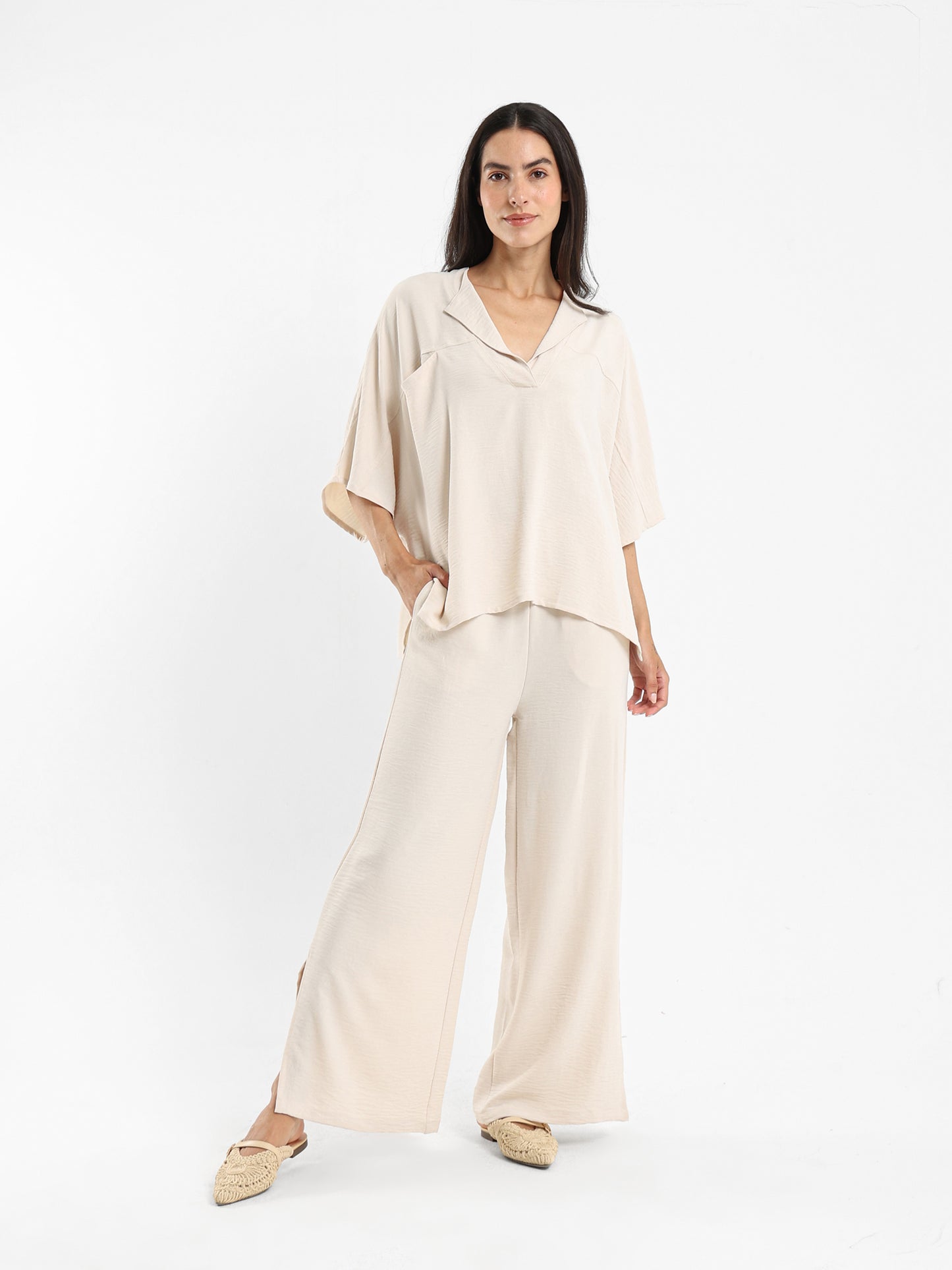 Wrinkled Blouse and Pants Twin Set