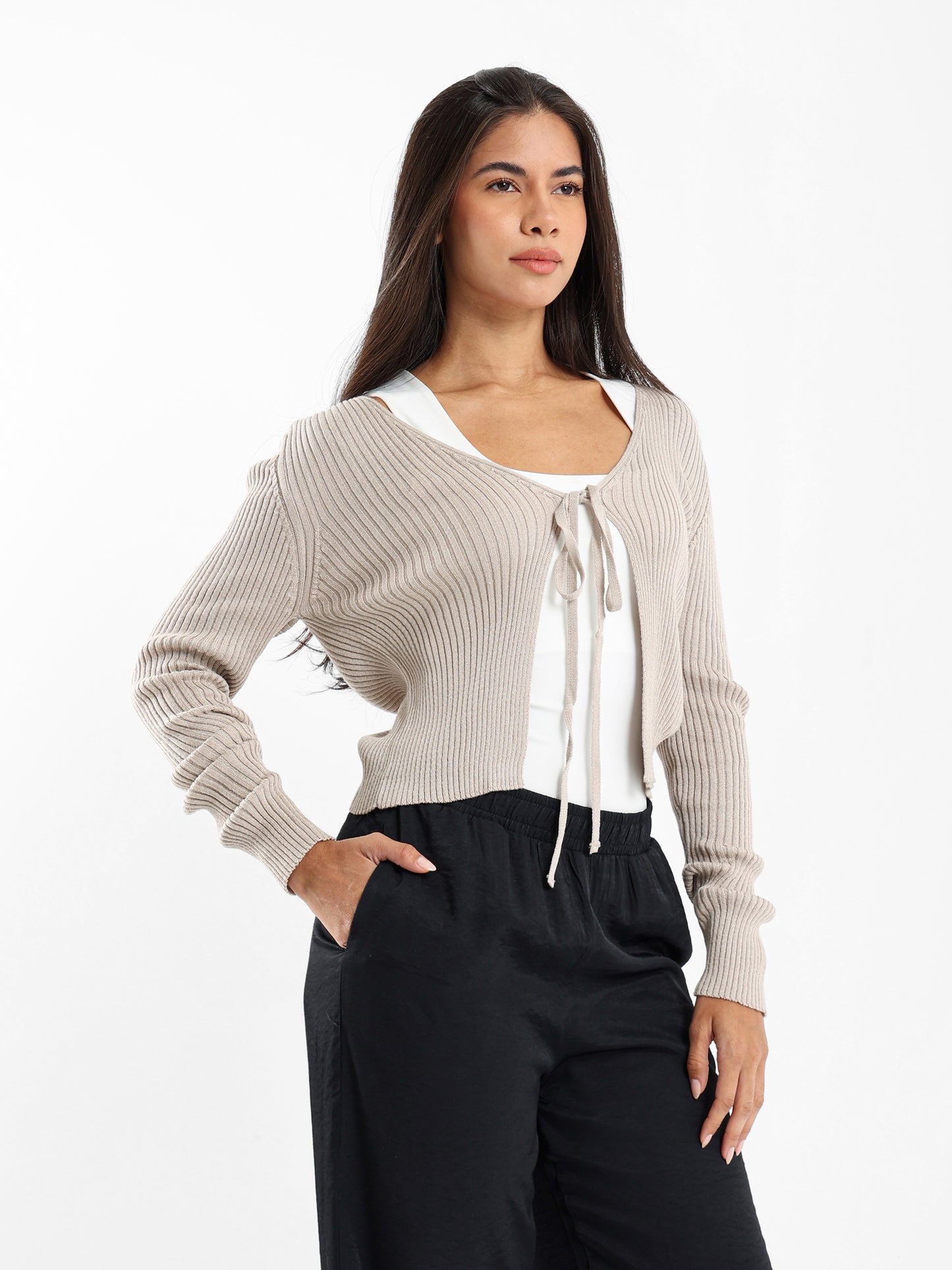 Ribbed Cardigan with Front Tie