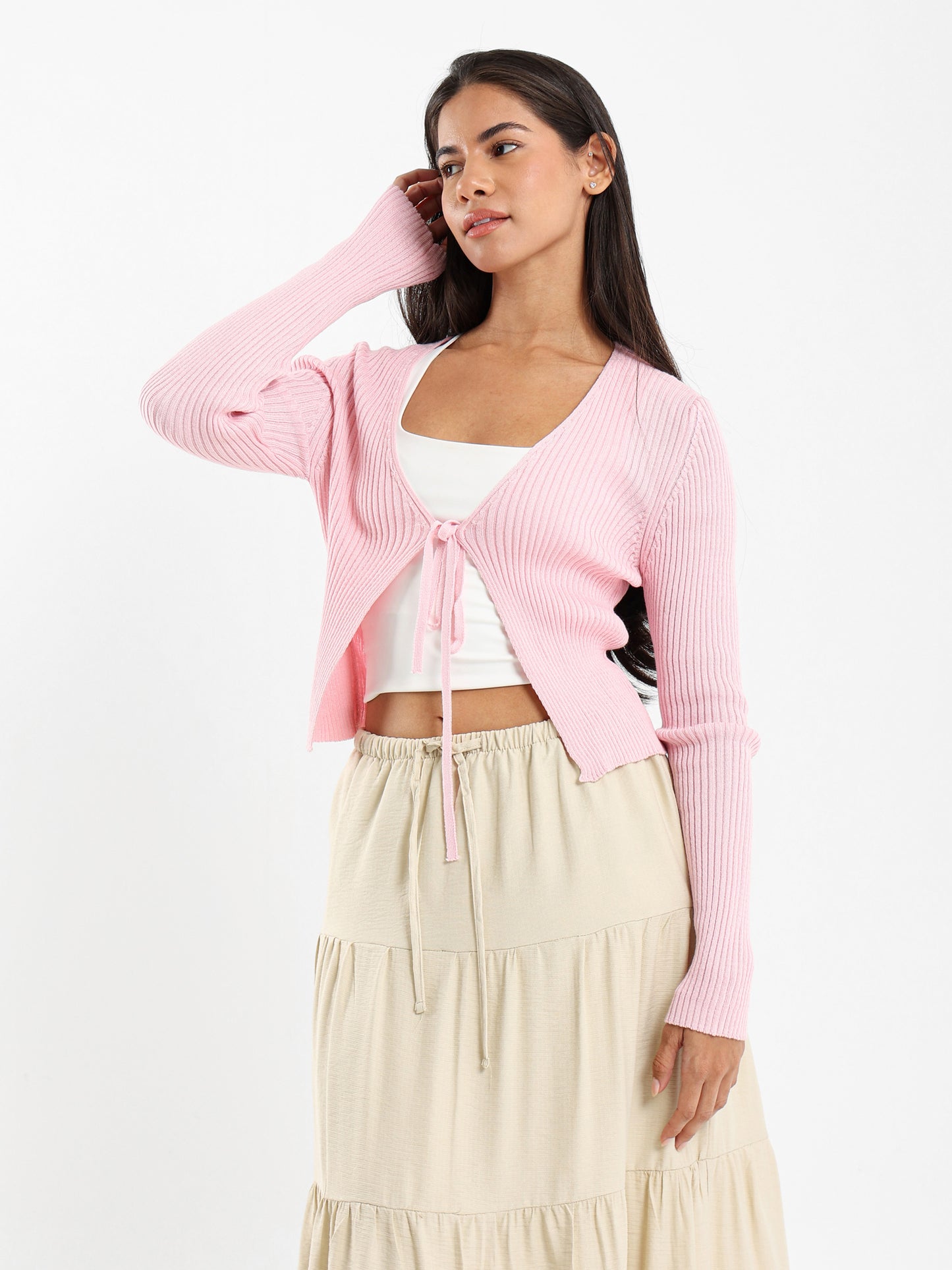 Ribbed Cardigan with Front Tie