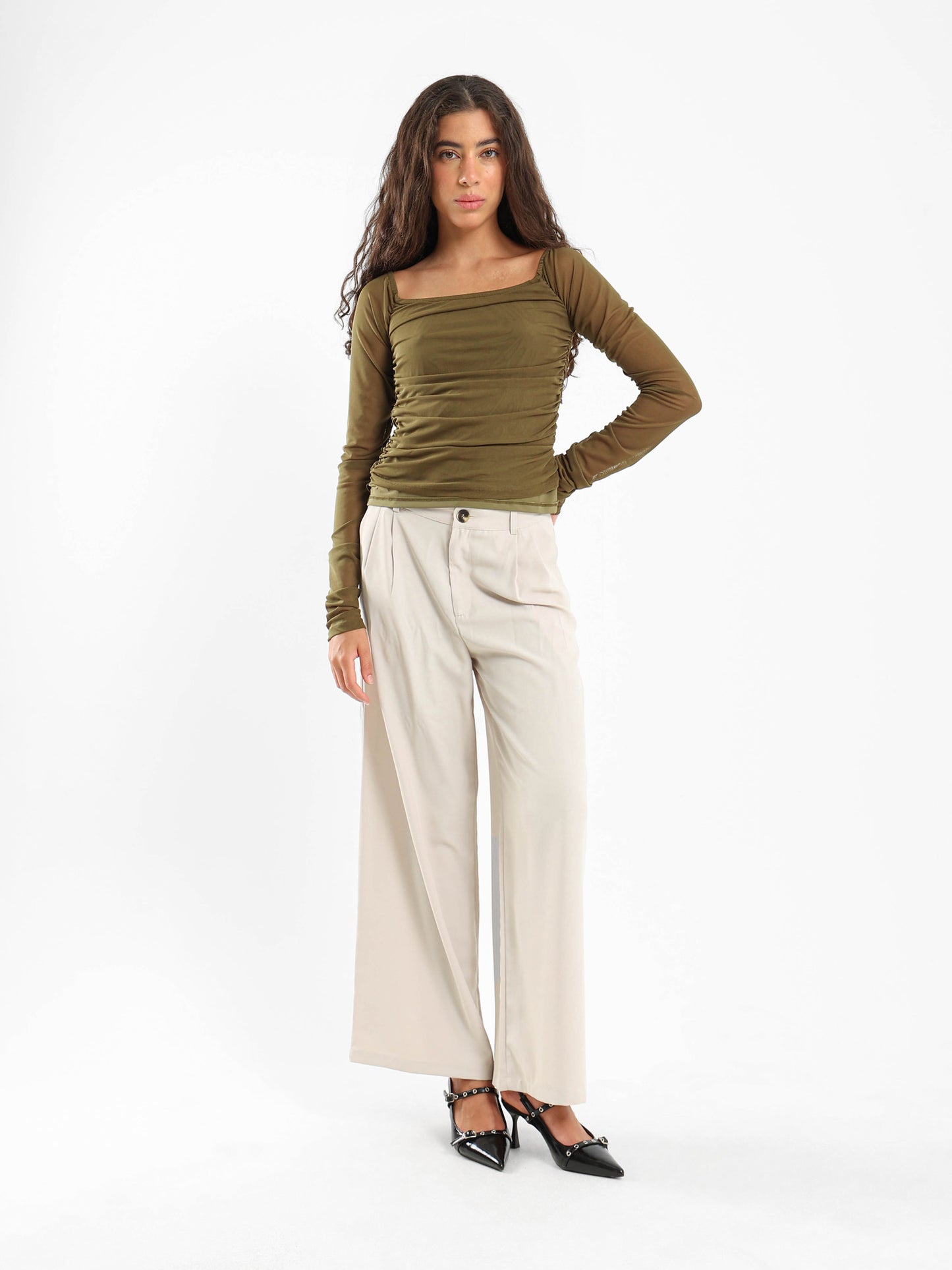 Off-Shoulder Long Sleeve Mesh Top