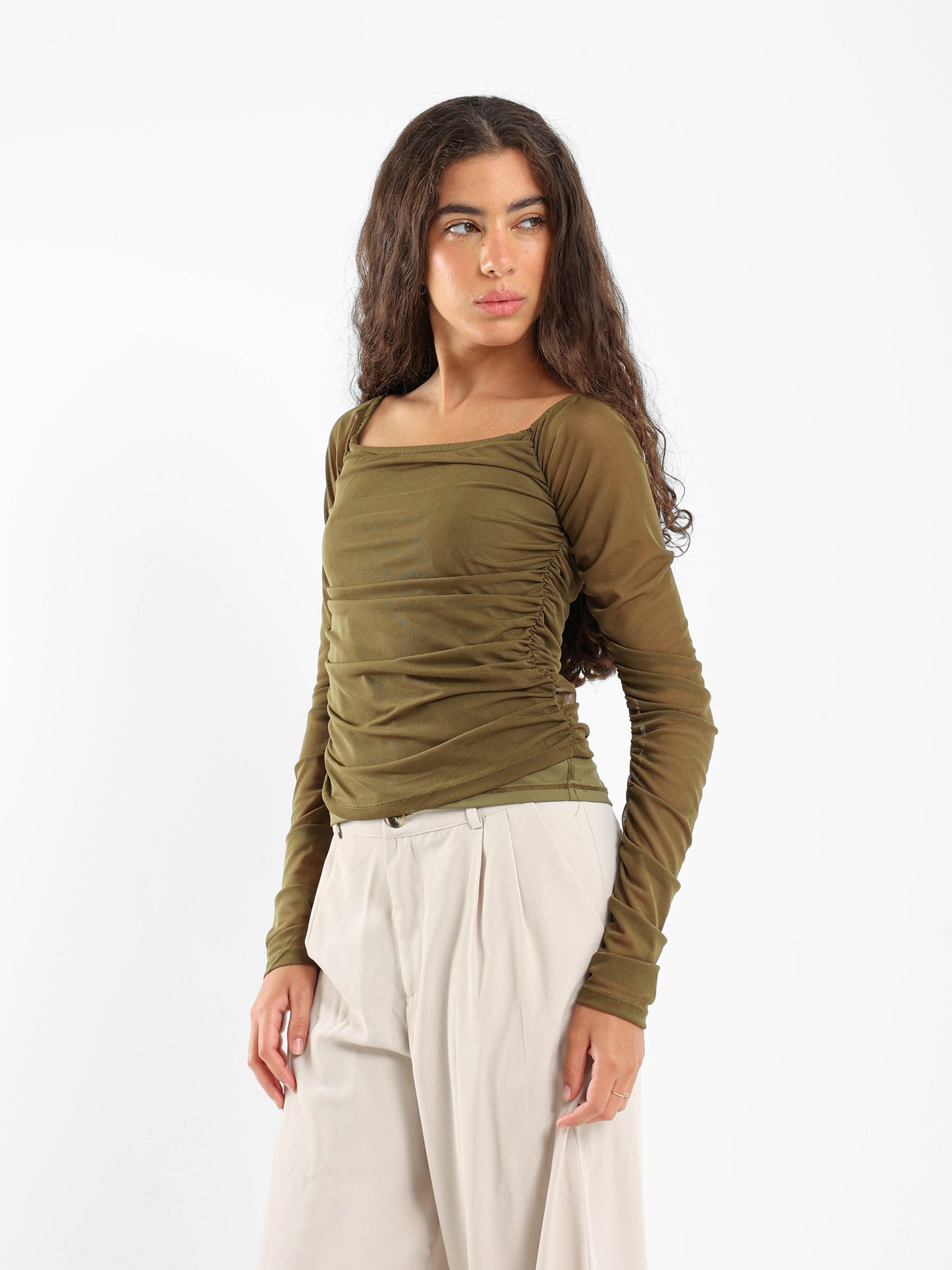 Off-Shoulder Long Sleeve Mesh Top