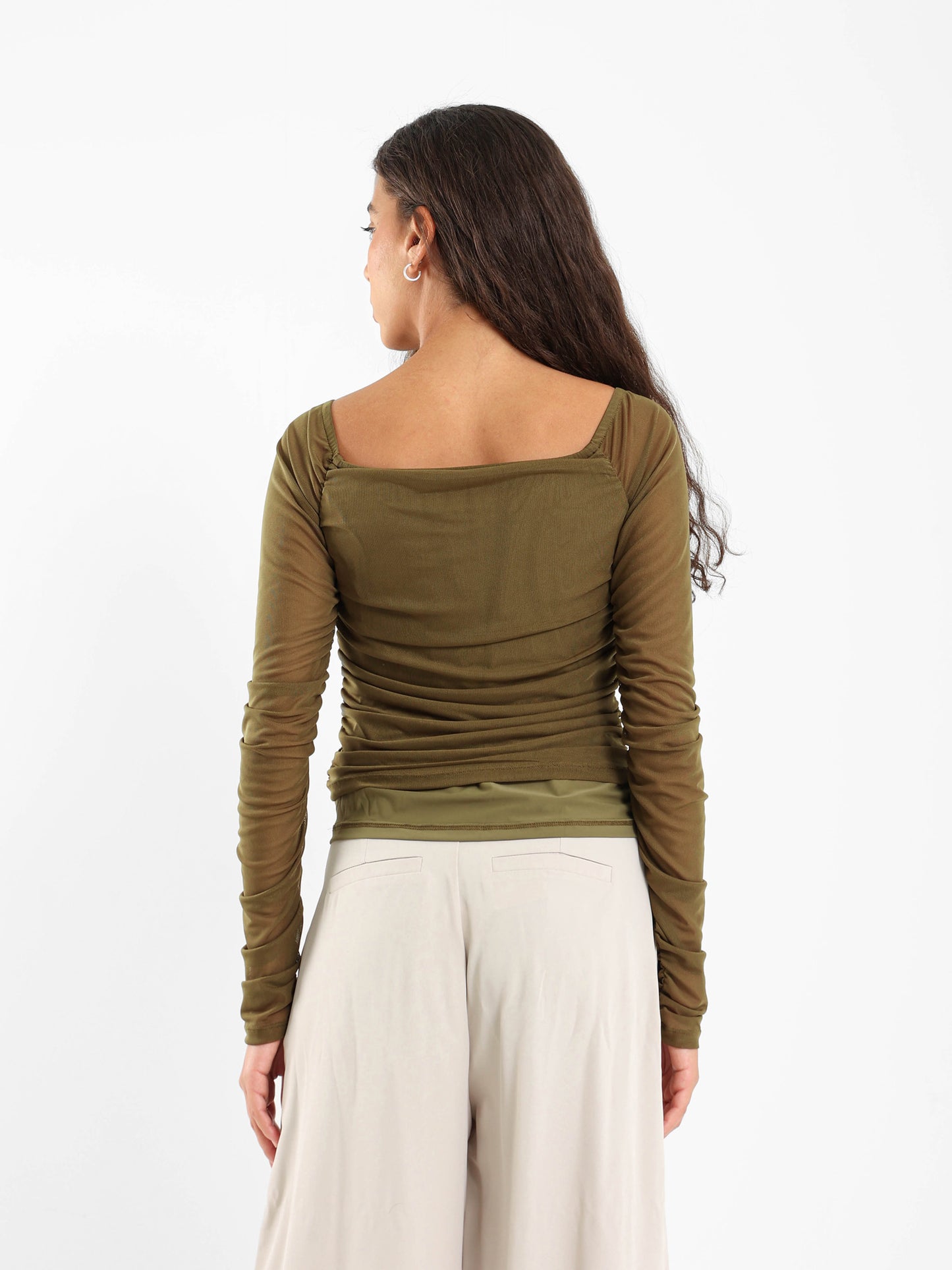 Off-Shoulder Long Sleeve Mesh Top