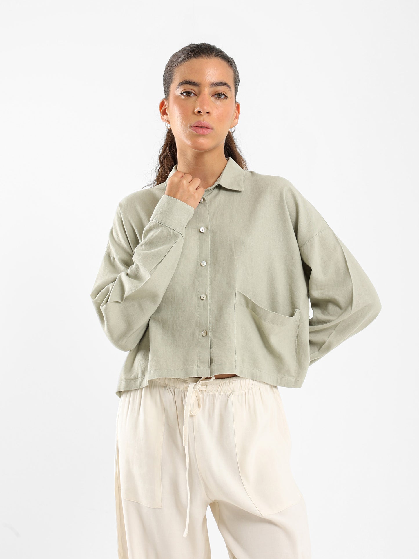 Linen Cropped Oversized Shirt
