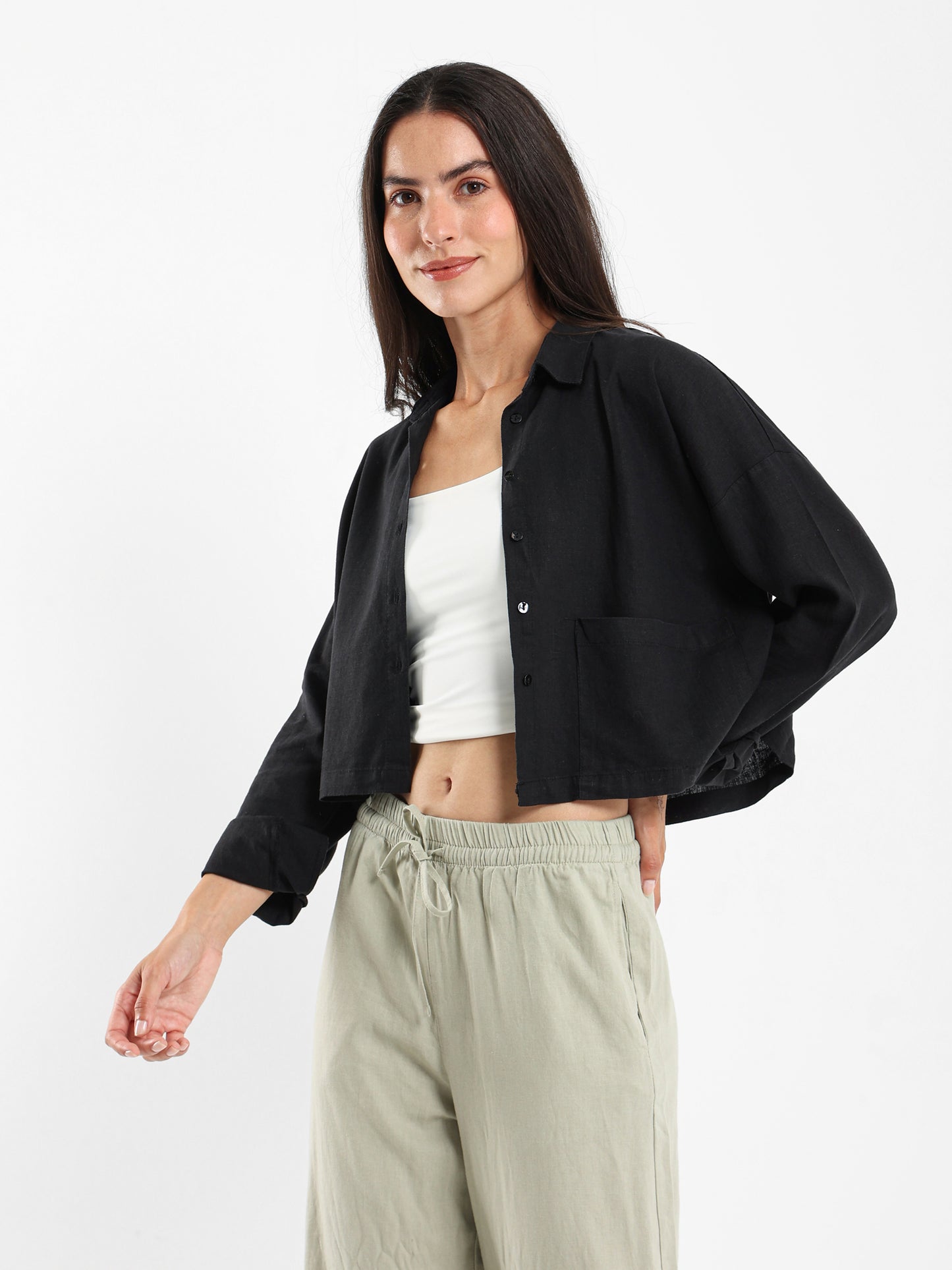 Linen Cropped Oversized Shirt