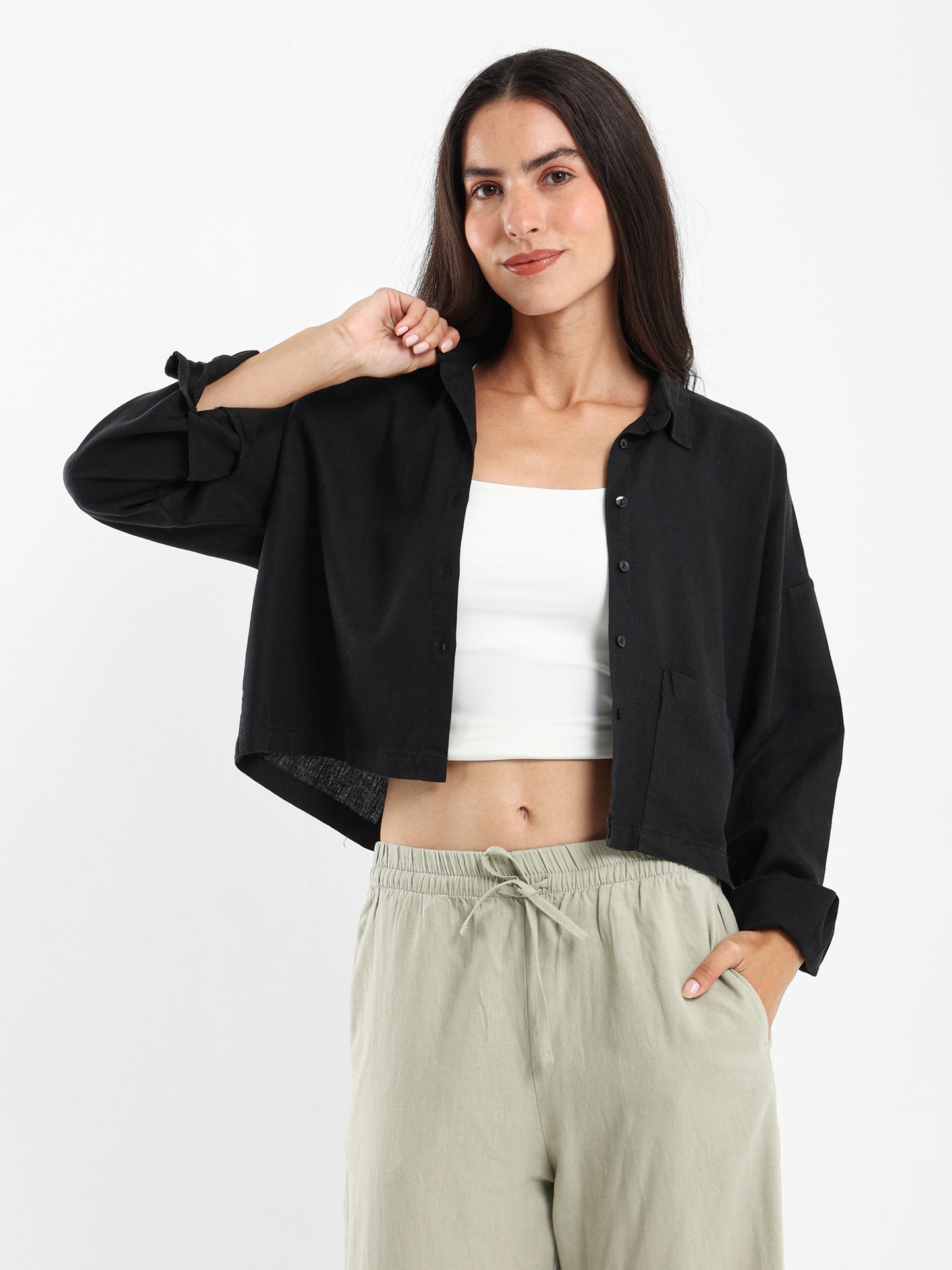 Linen Cropped Oversized Shirt