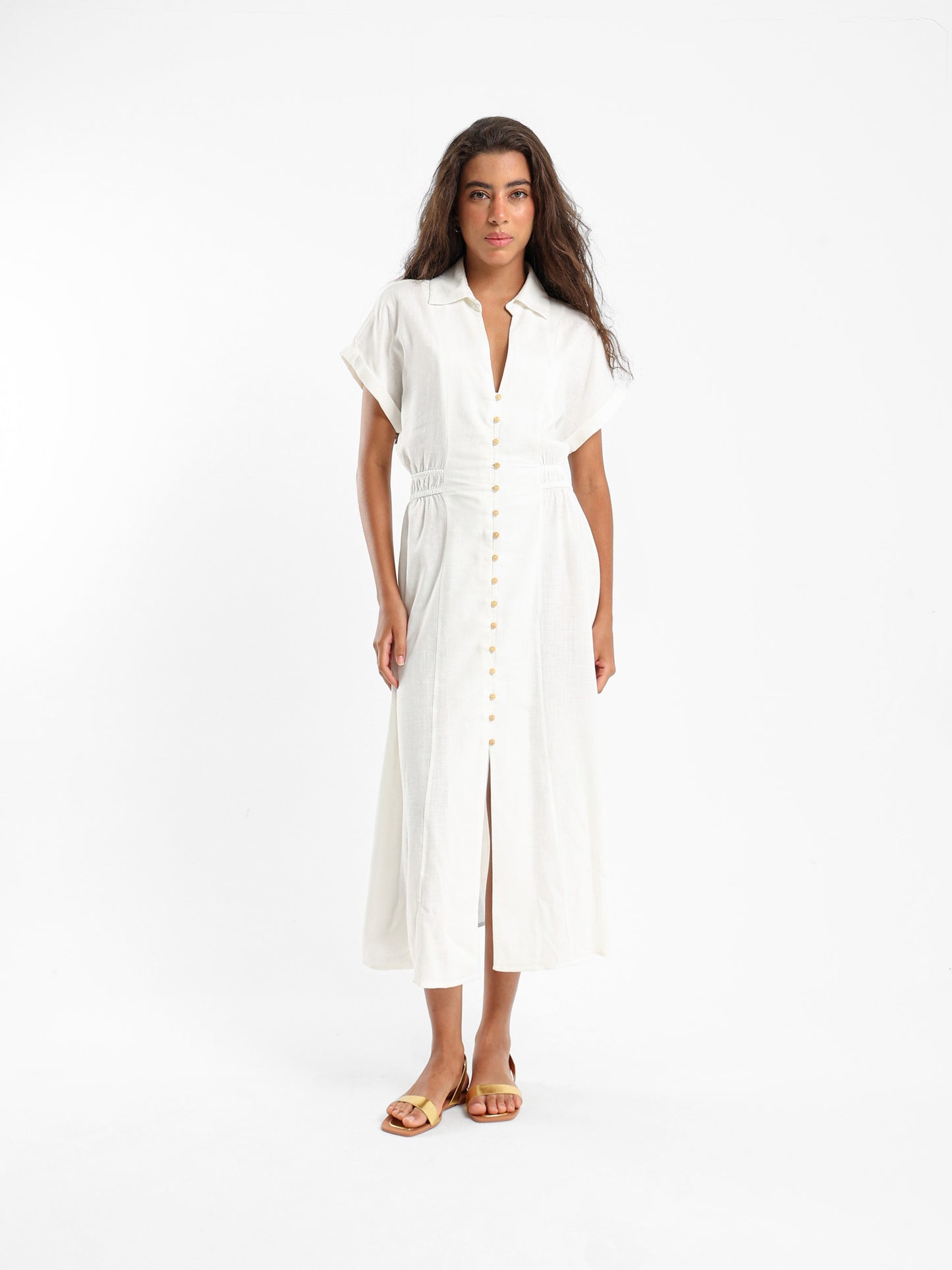 Linen Midi Length Dress With Front Buttons