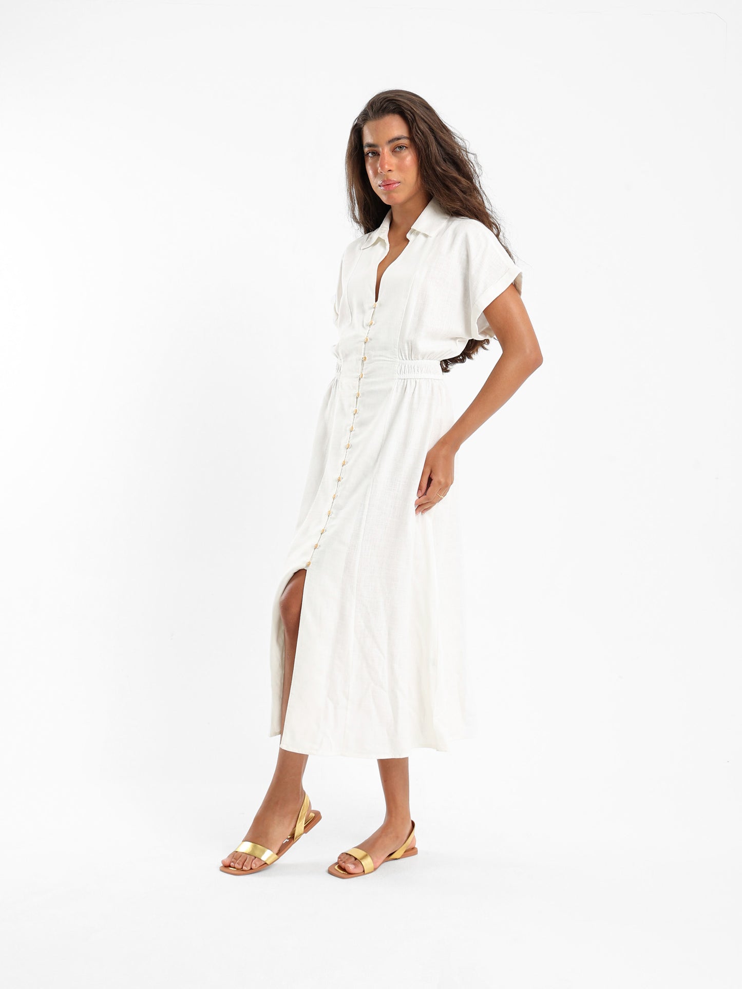 Linen Midi Length Dress With Front Buttons