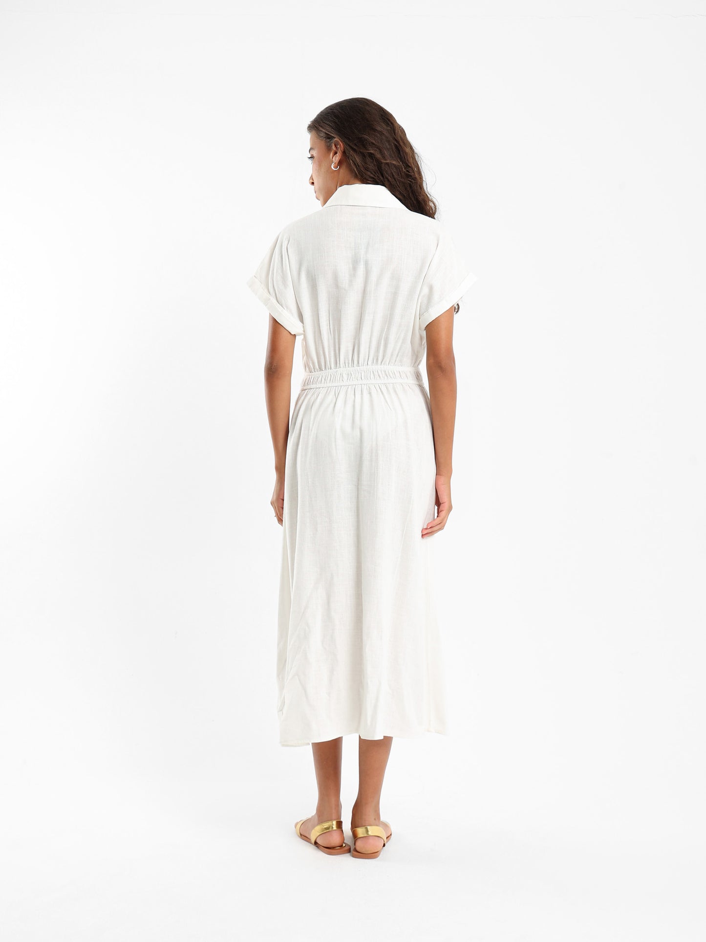 Linen Midi Length Dress With Front Buttons