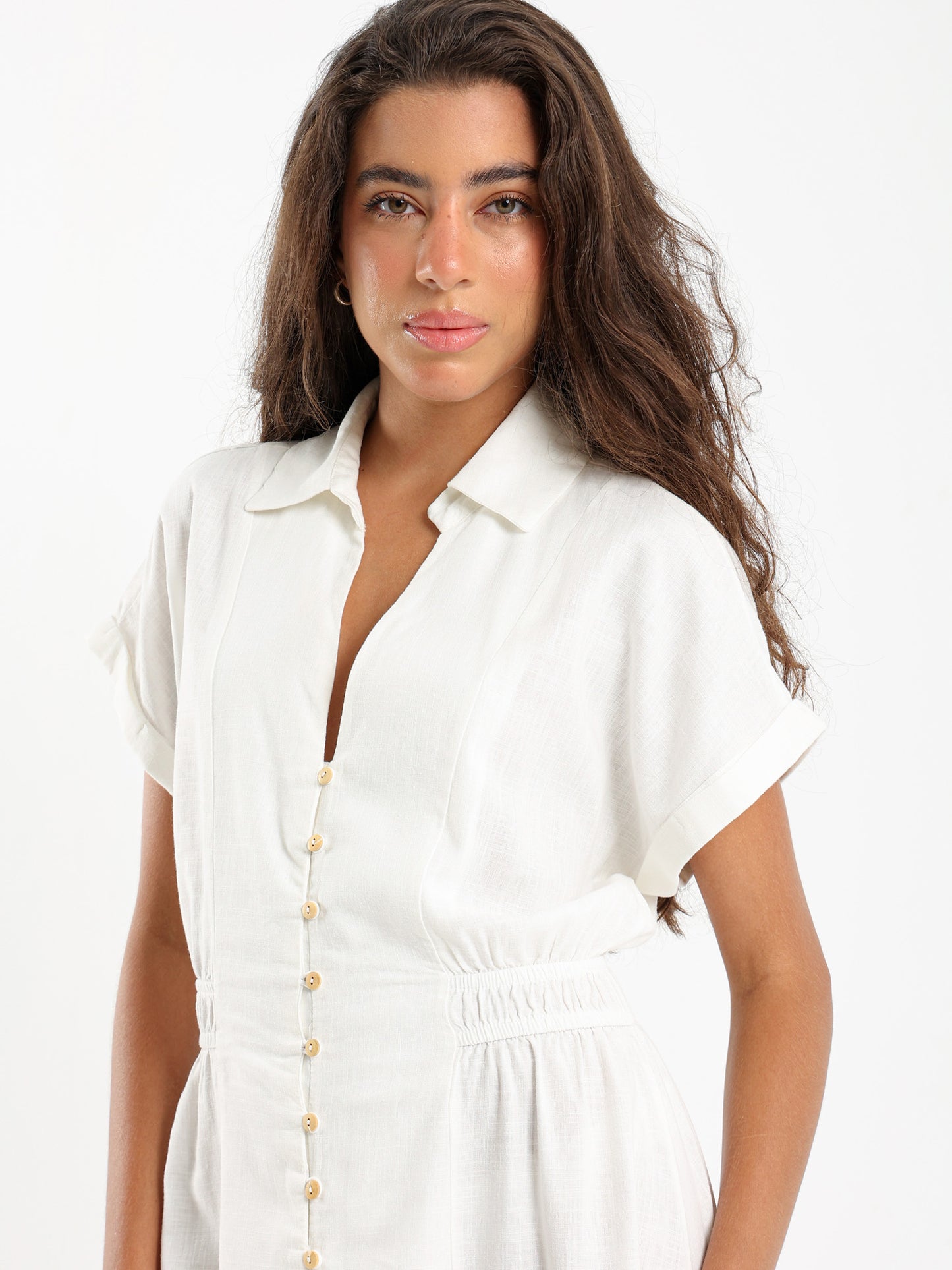 Linen Midi Length Dress With Front Buttons
