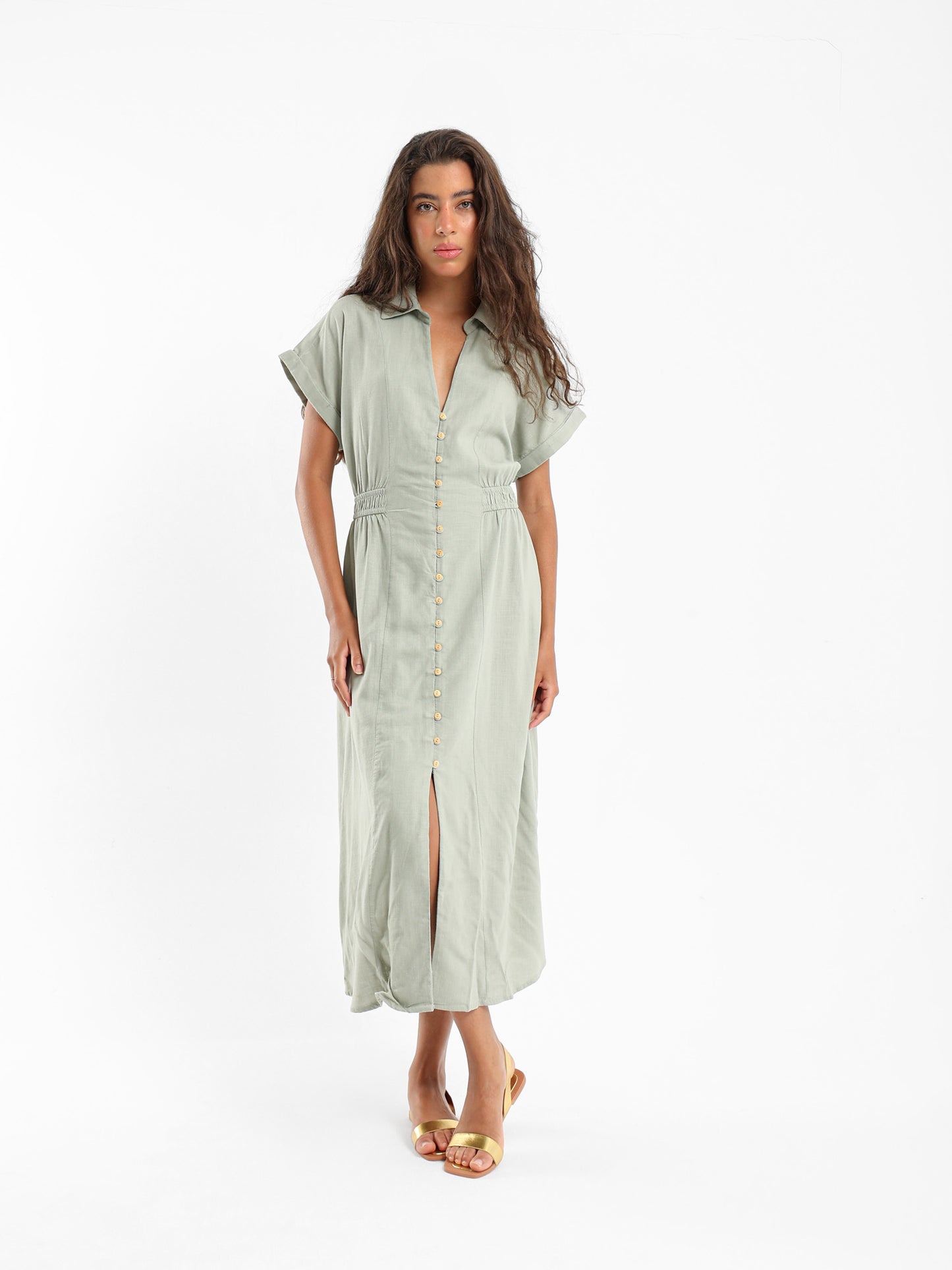 Linen Midi Length Dress With Front Buttons