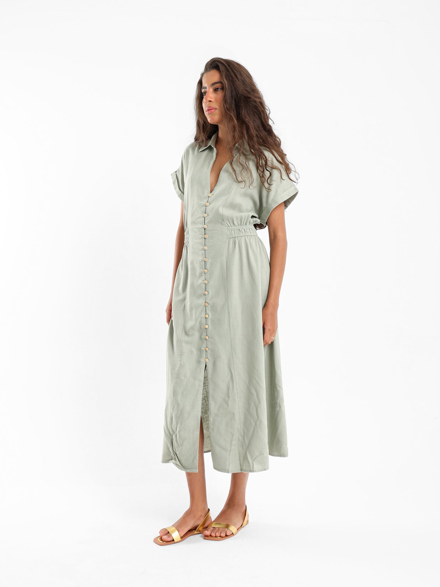 Linen Midi Length Dress With Front Buttons