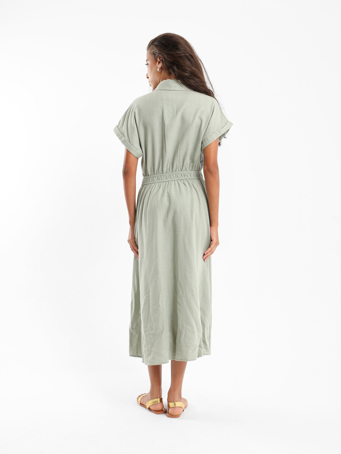 Linen Midi Length Dress With Front Buttons