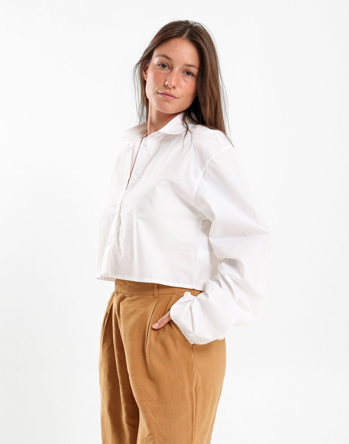 Cropped Shirt With Drawstring Sleeves