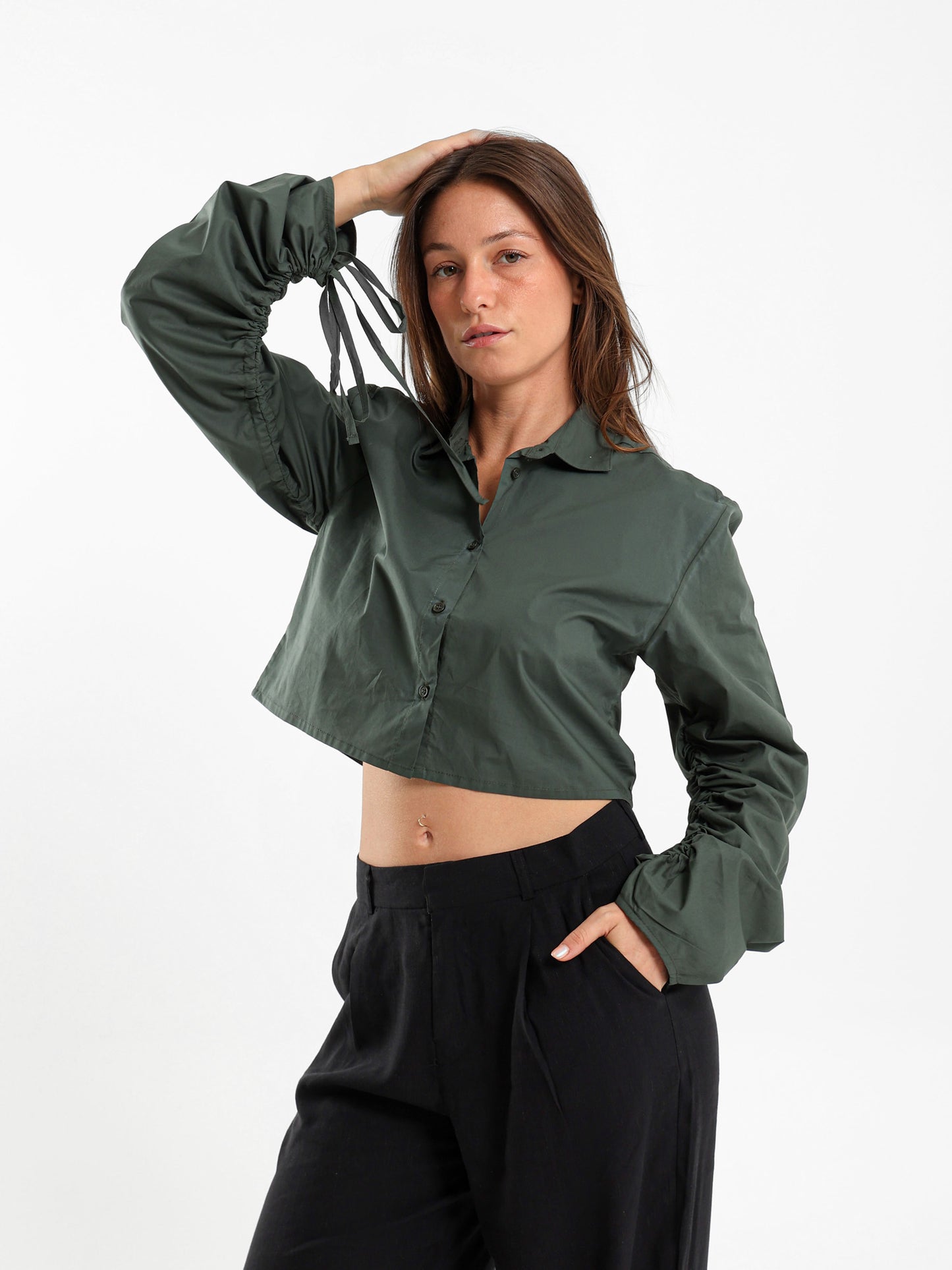 Cropped Shirt With Drawstring Sleeves