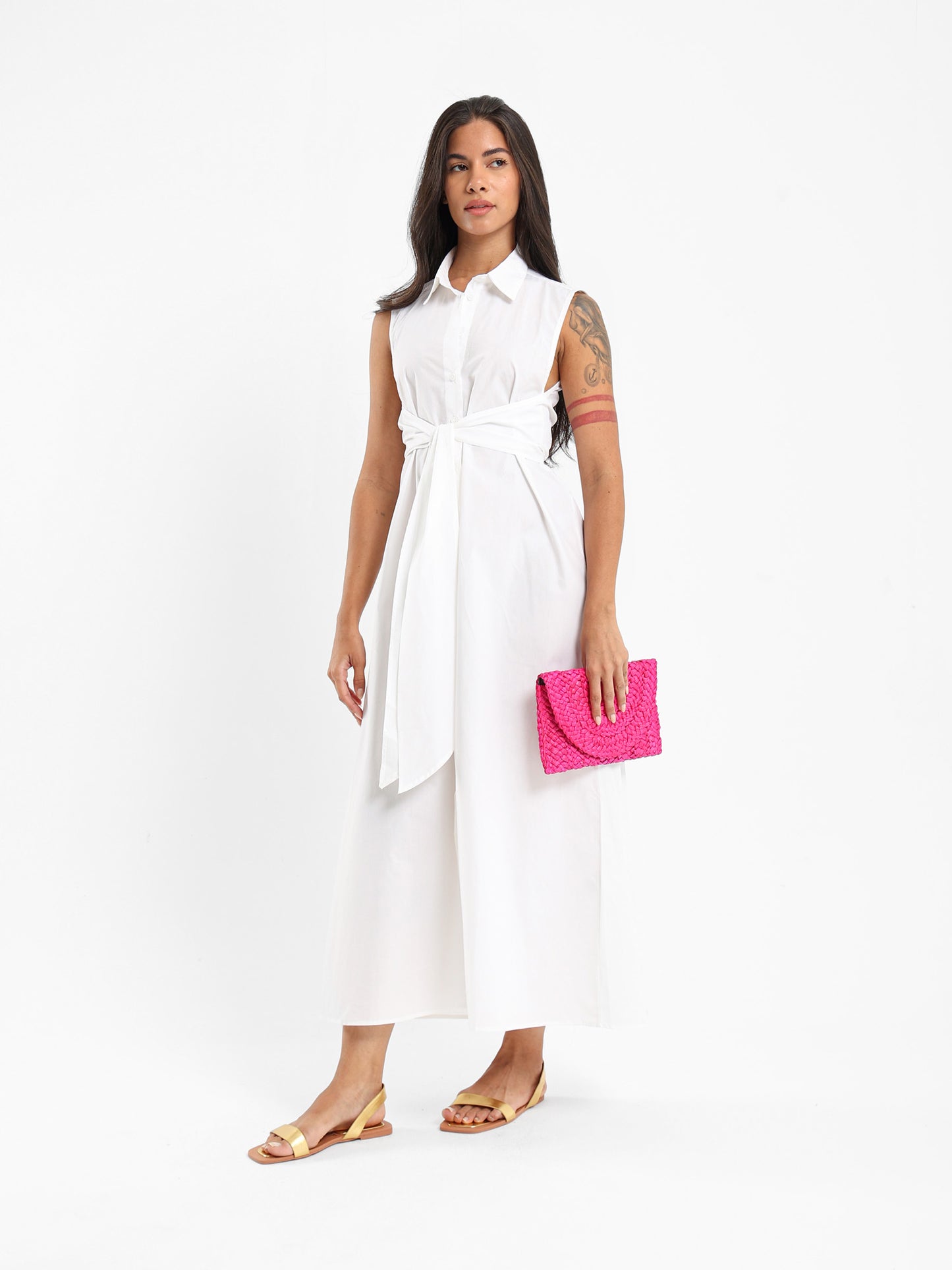 Sleeveless Shirt Dress With Waist Tie