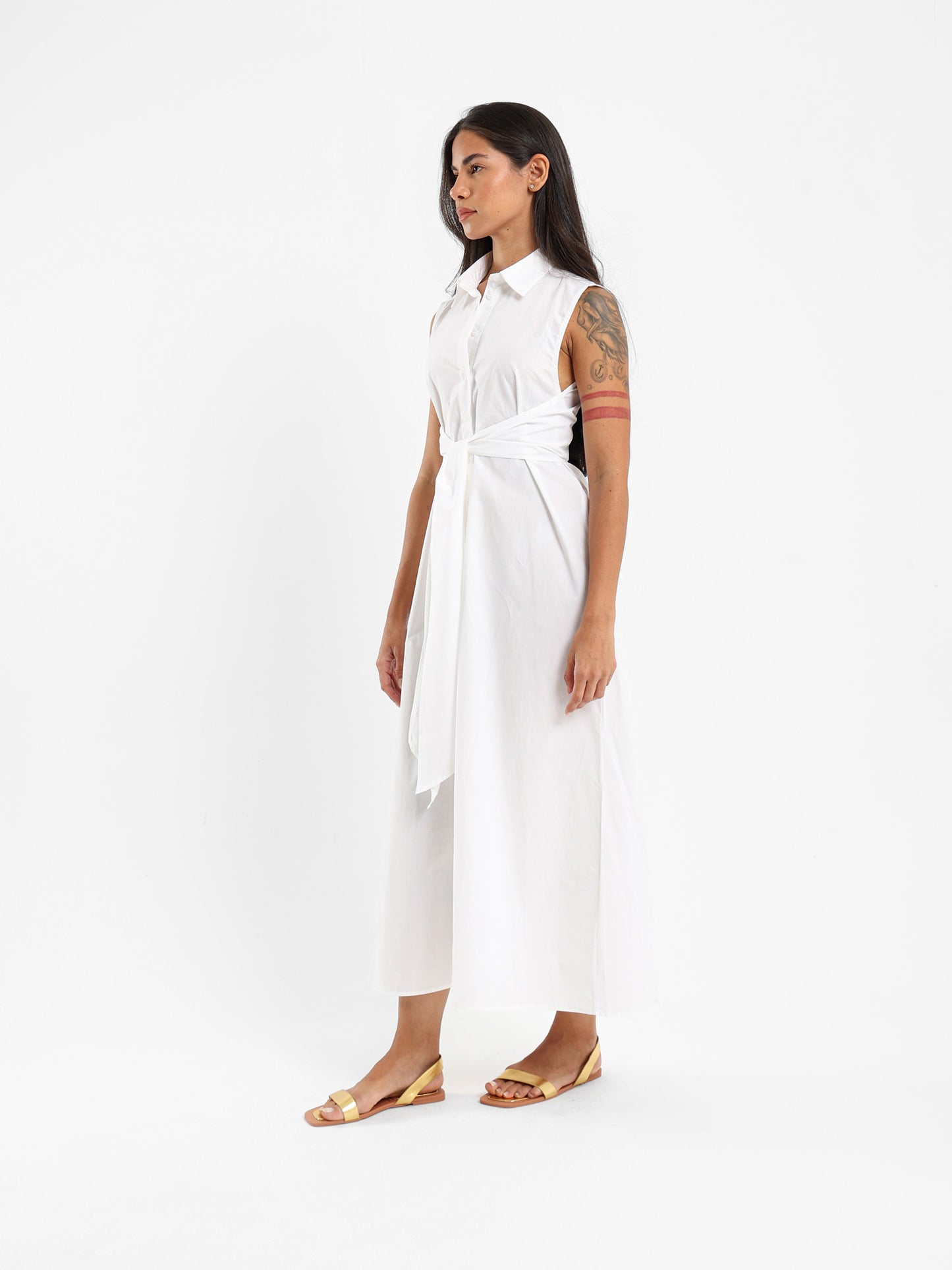 Sleeveless Shirt Dress With Waist Tie