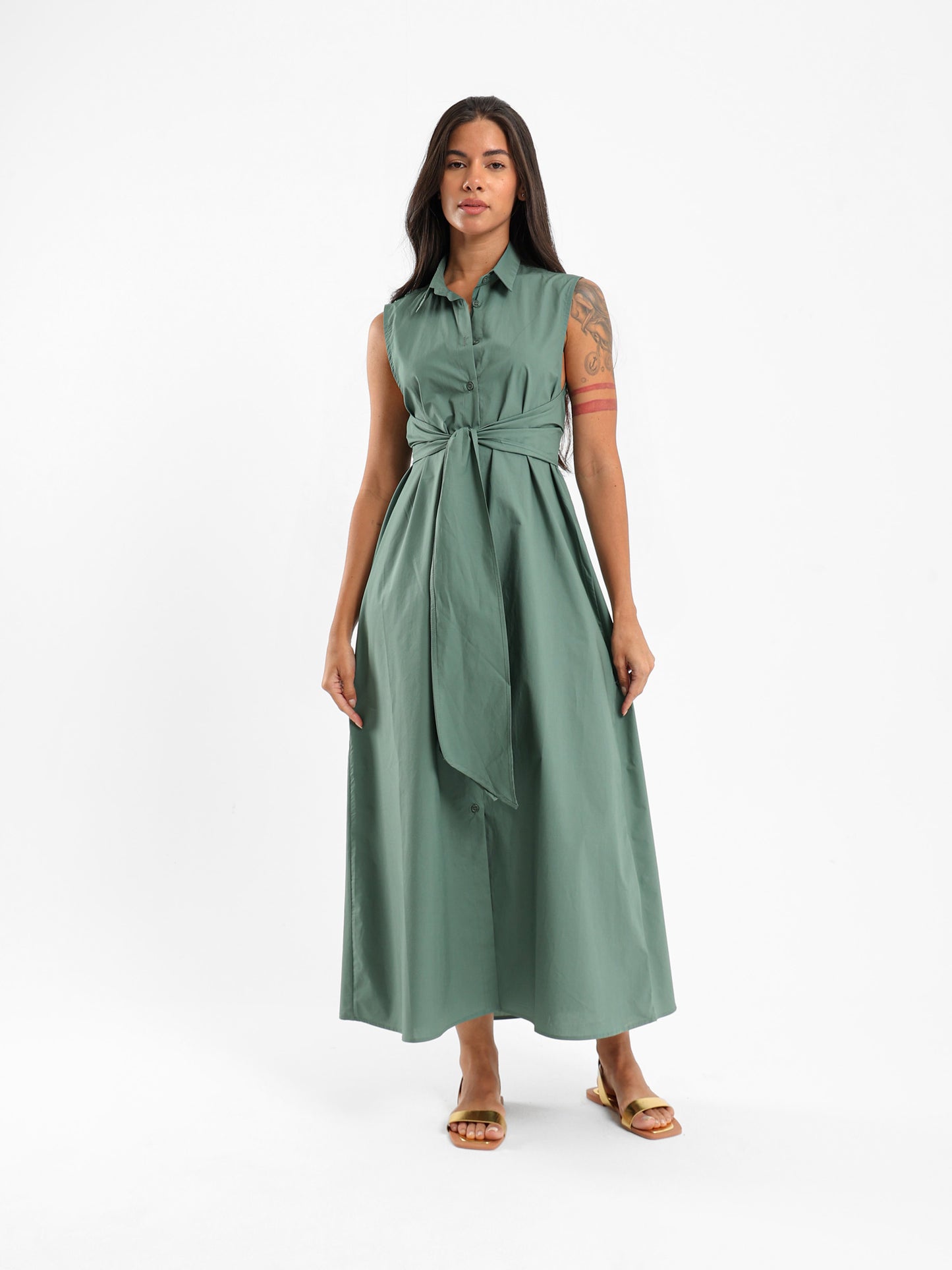 Sleeveless Shirt Dress With Waist Tie