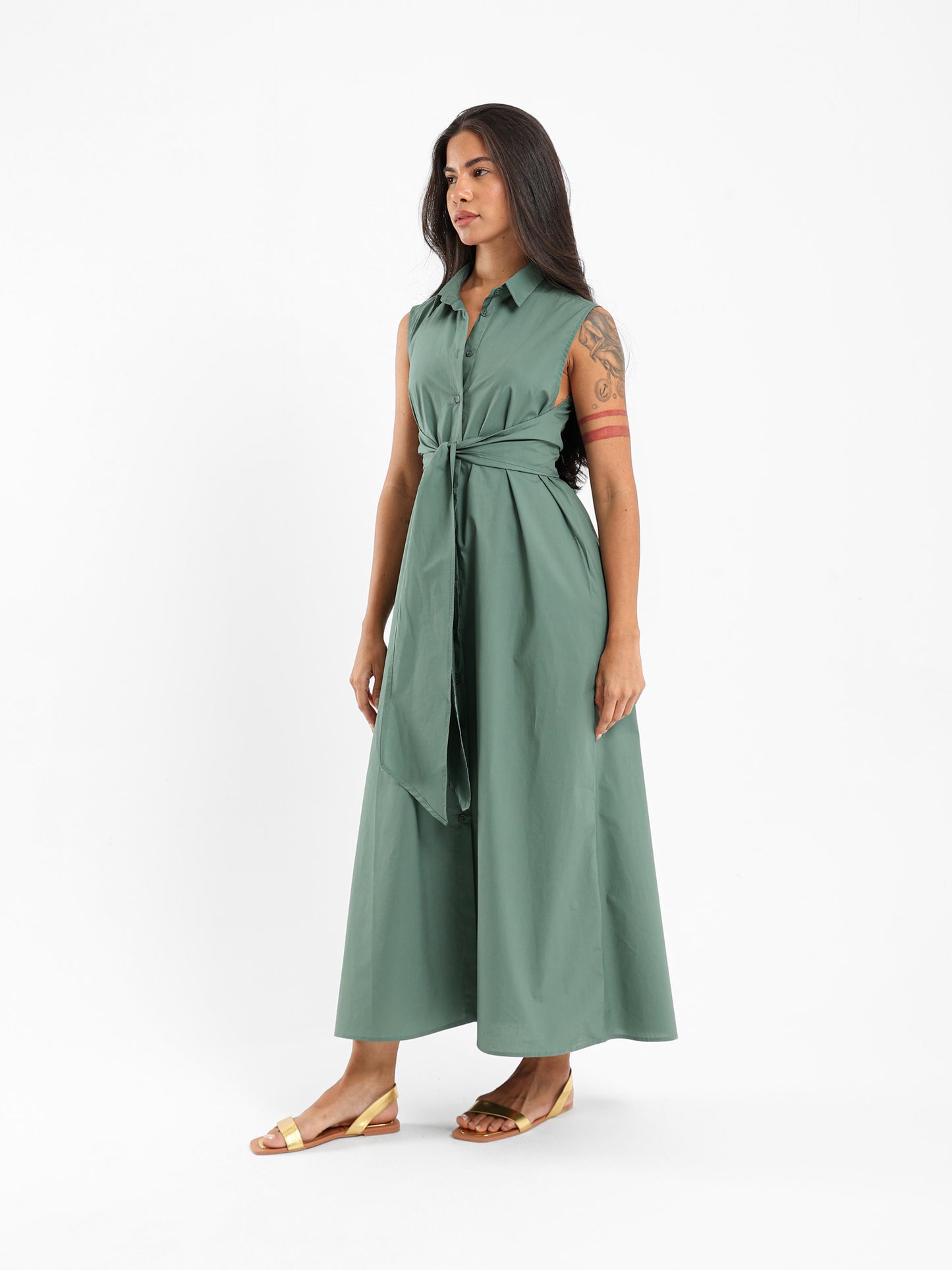 Sleeveless Shirt Dress With Waist Tie