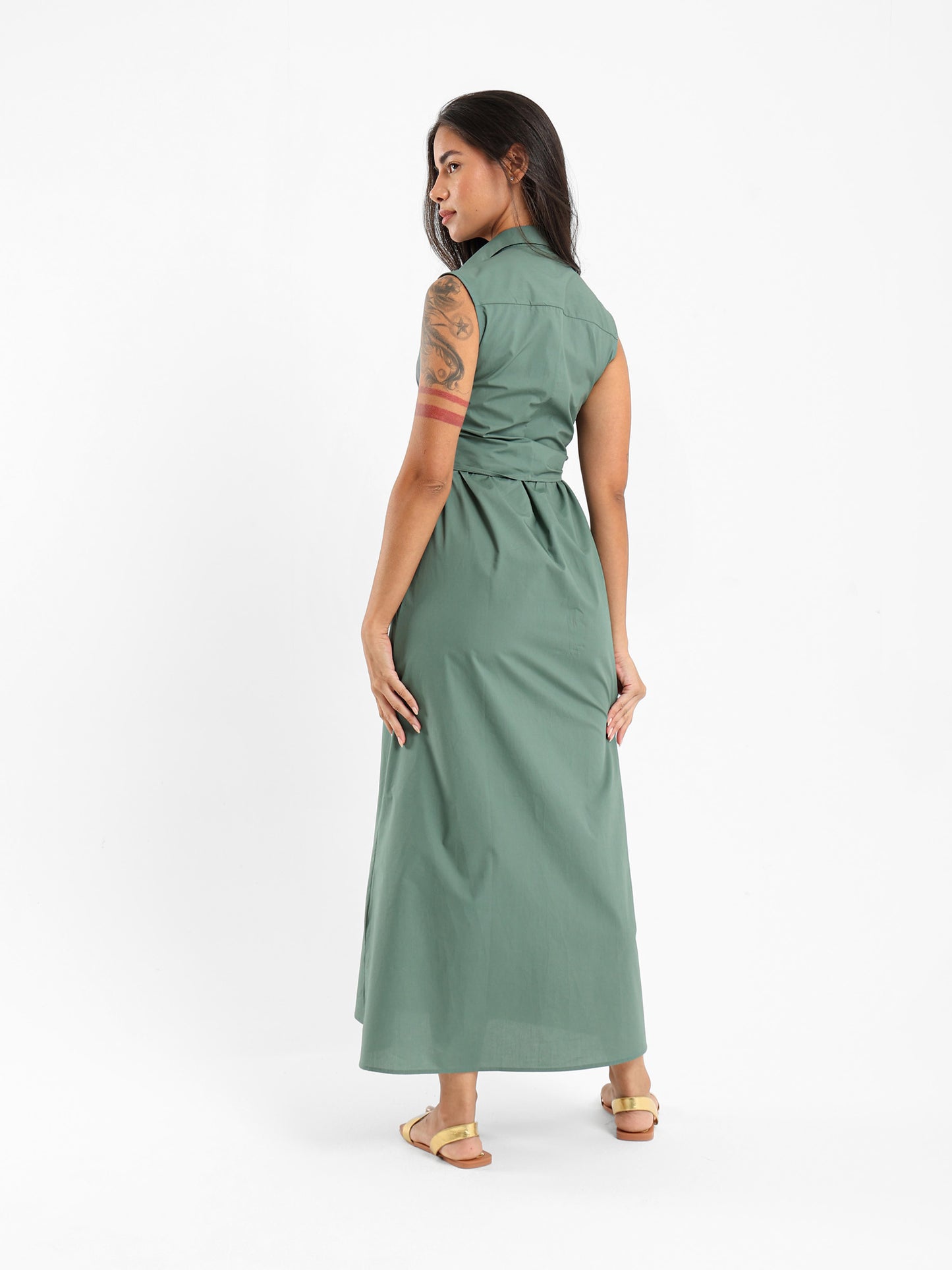 Sleeveless Shirt Dress With Waist Tie
