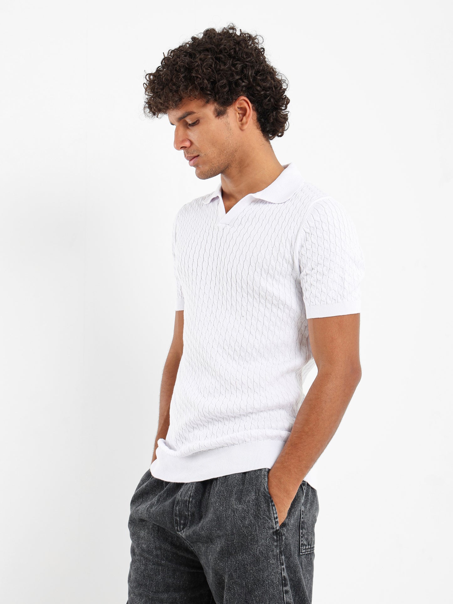 Relaxed Fit Cable Knit Camp Polo