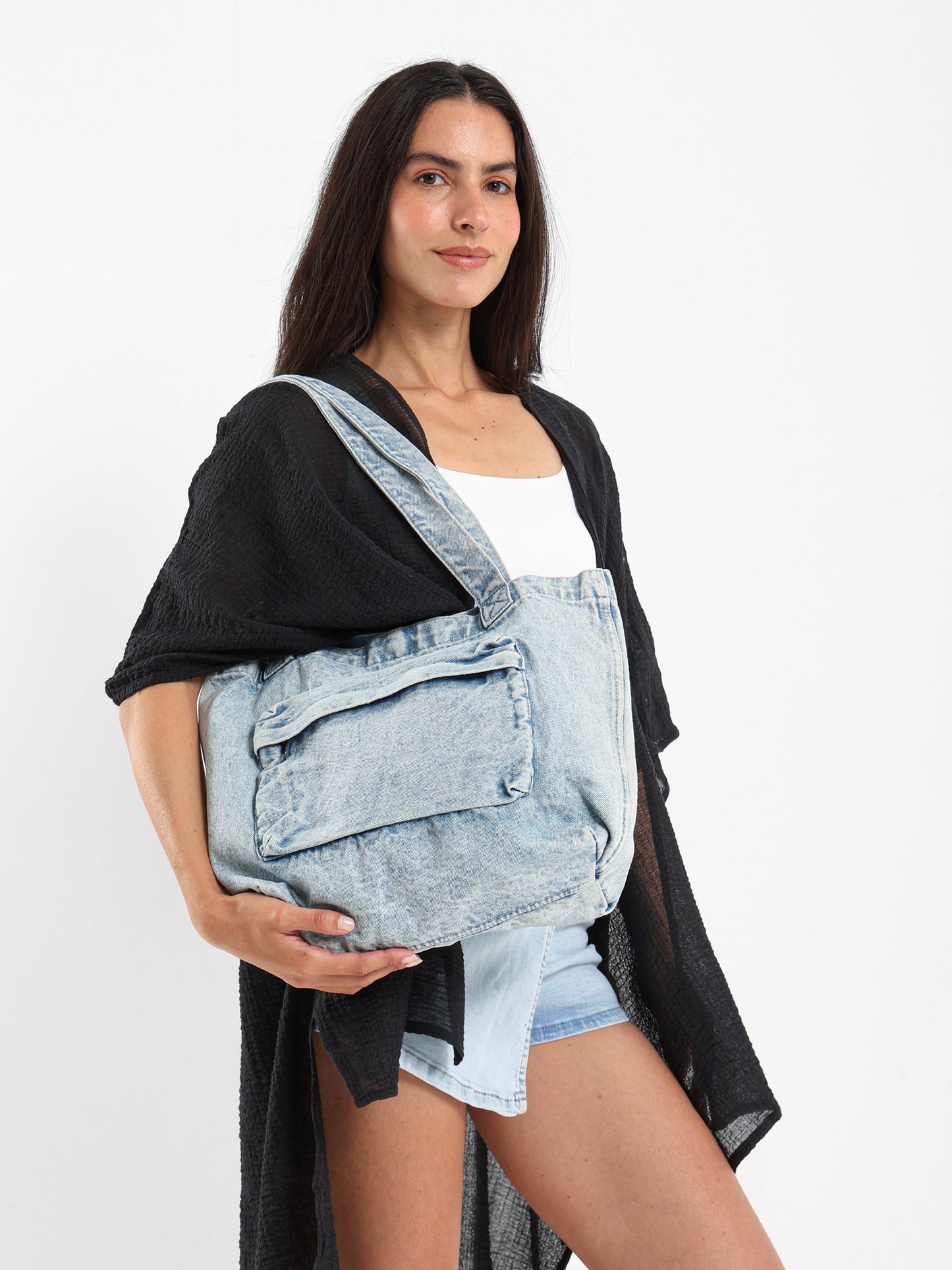Washed Denim Slouchy Shoulder Bag