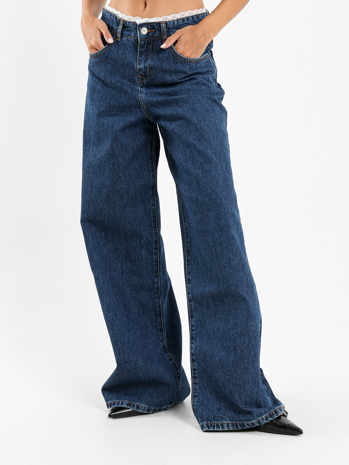 Lace Trim Denim Pants