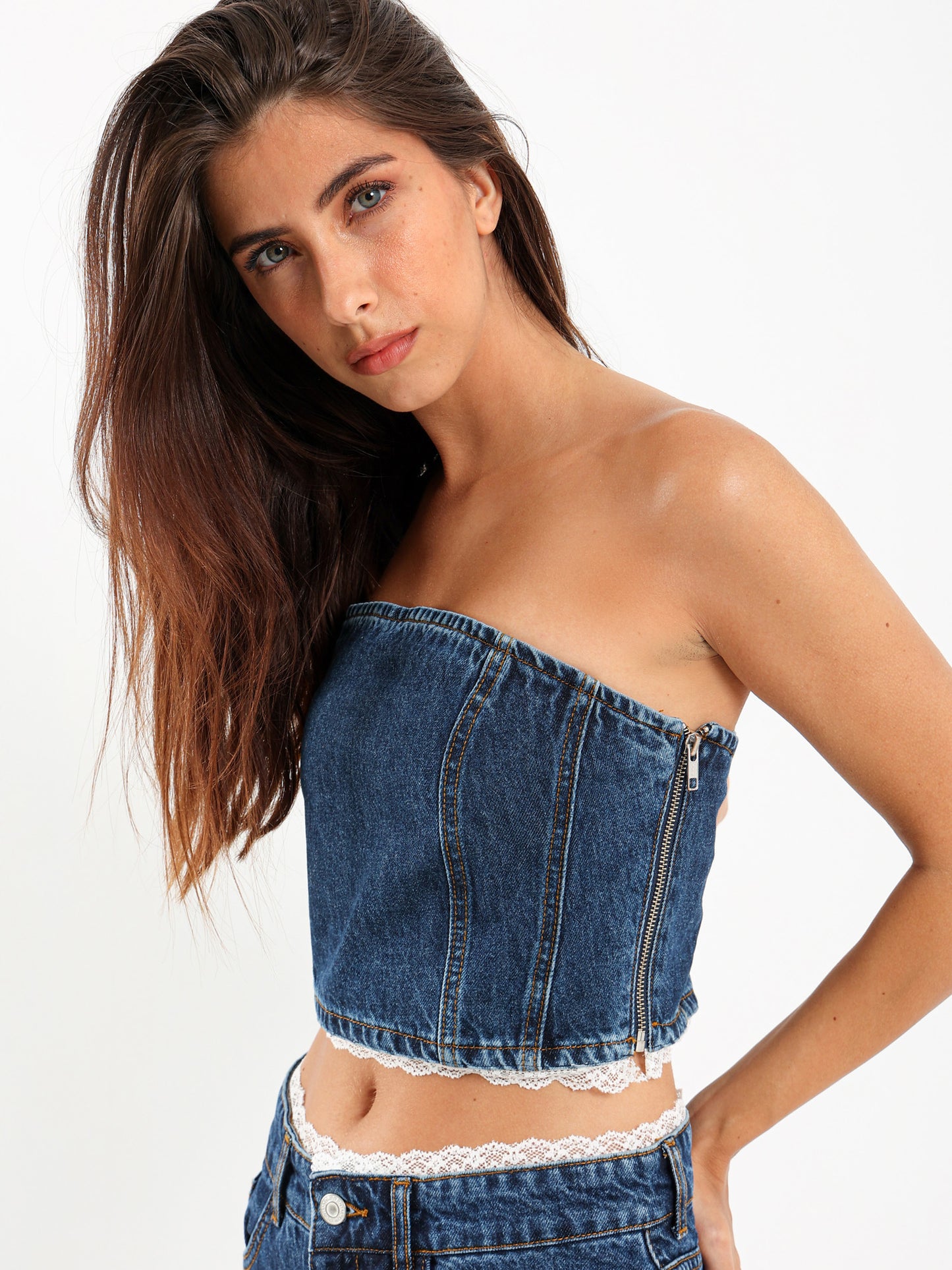 Lace Trim Denim Top