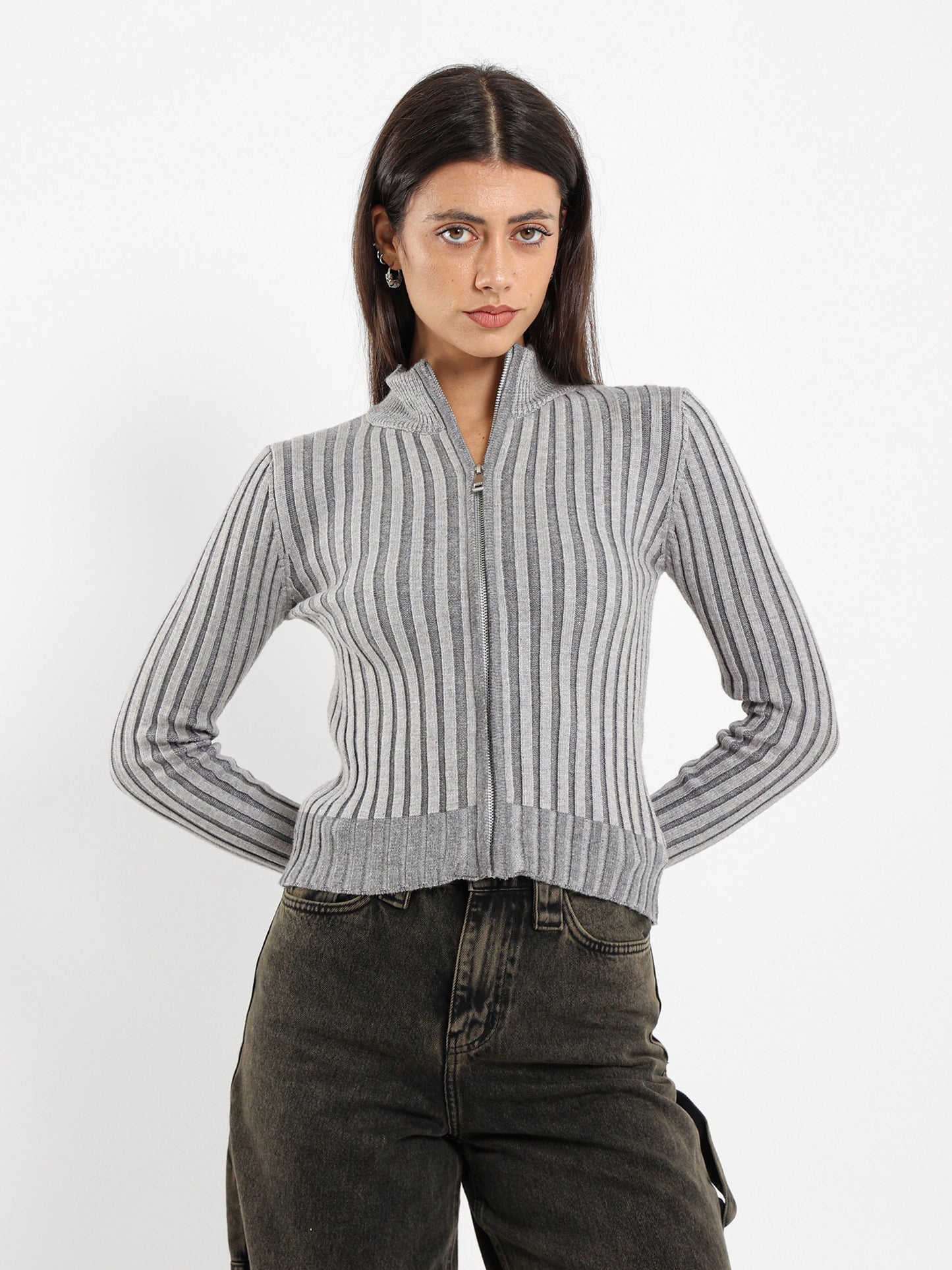 Polo Collared Front Zipper Cardigan
