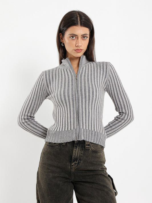 Polo Collared Front Zipper Cardigan