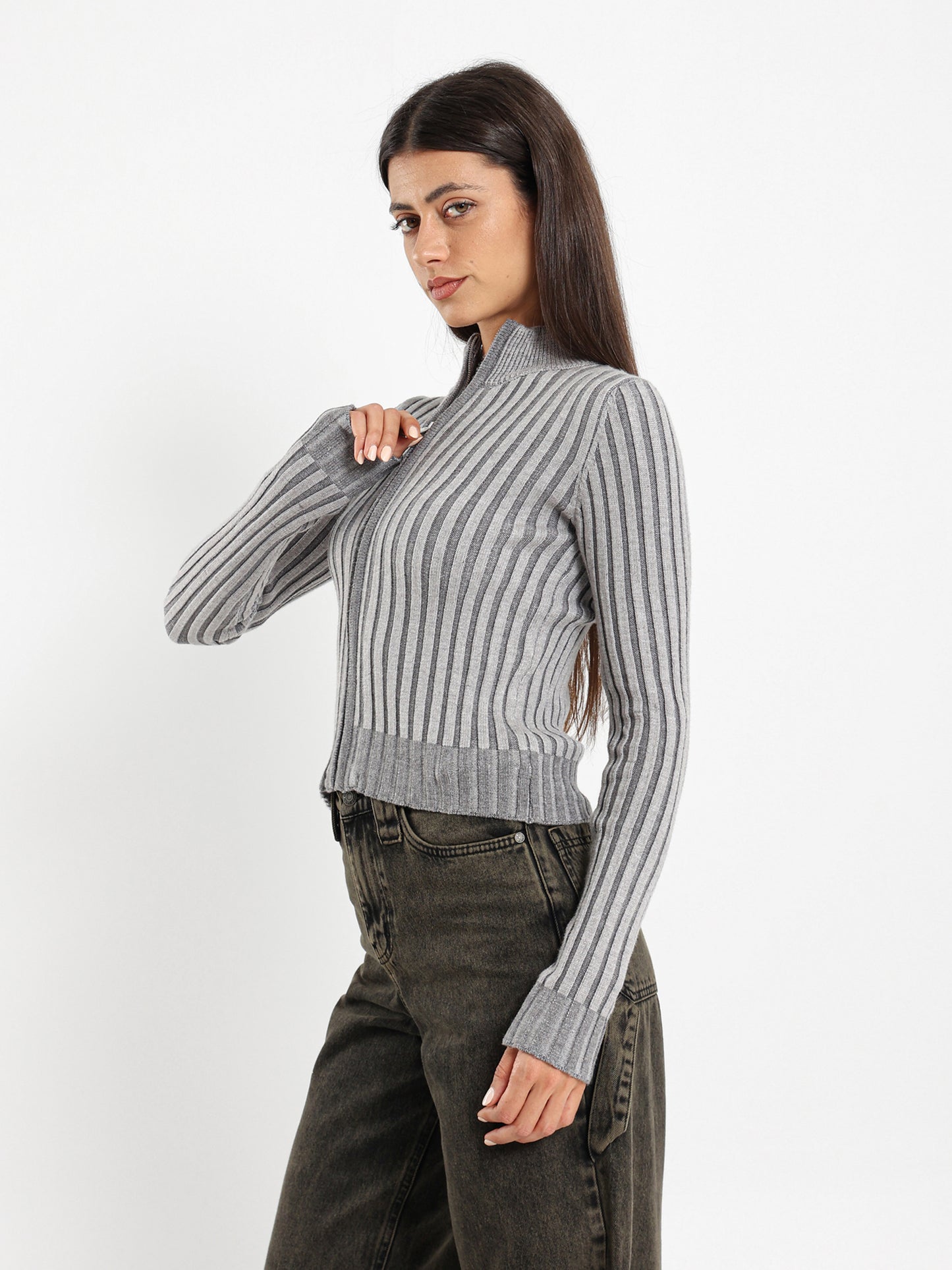 Polo Collared Front Zipper Cardigan