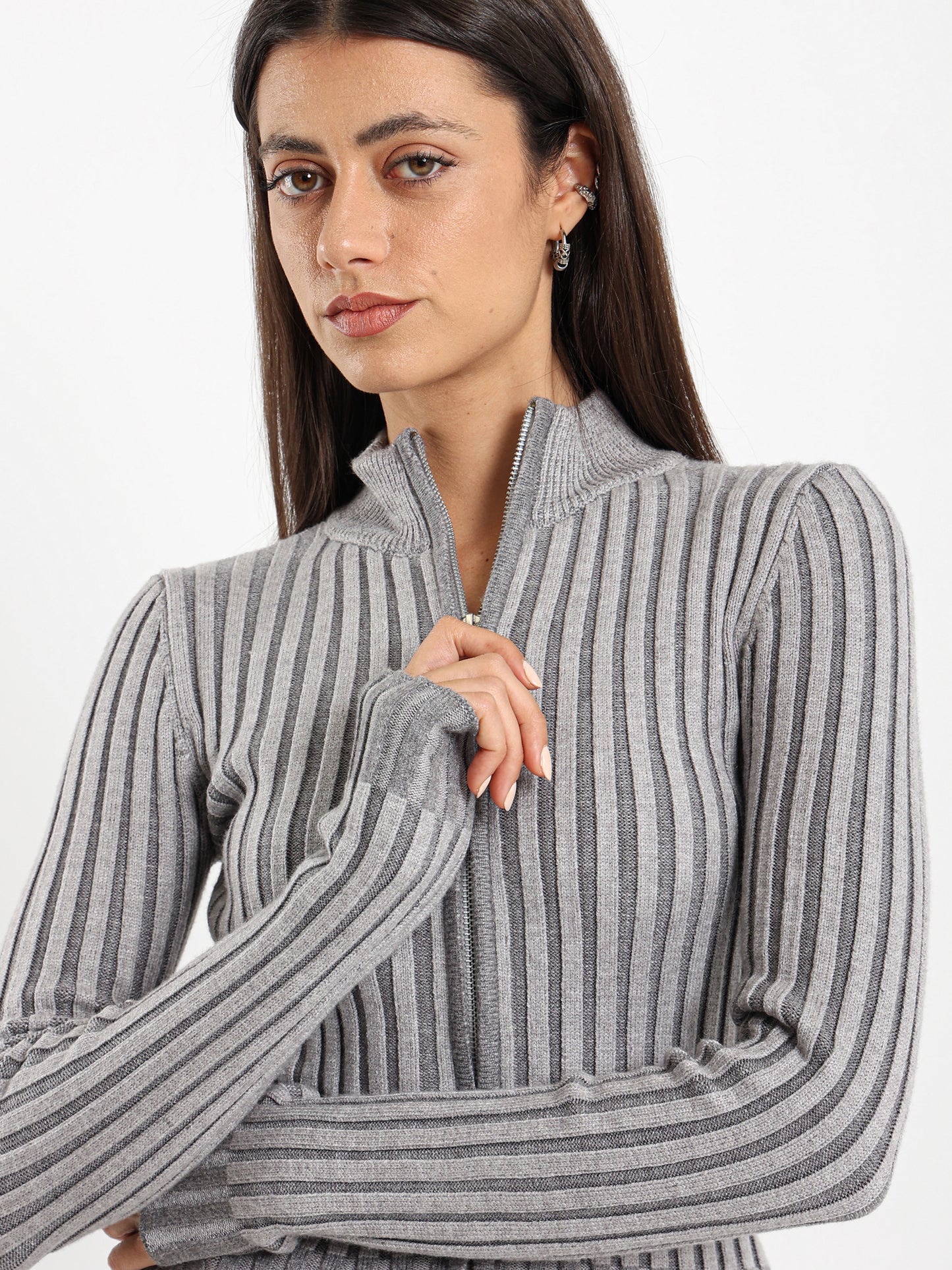 Polo Collared Front Zipper Cardigan